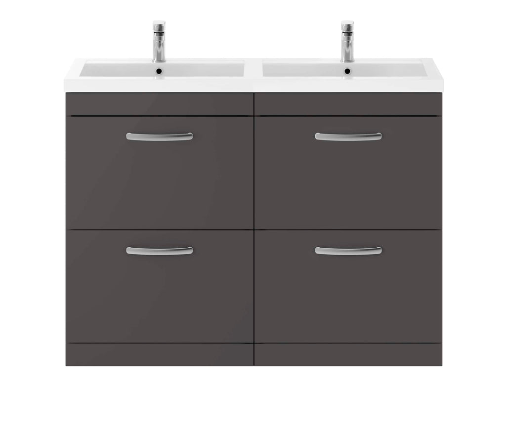 Modern double sink bathroom vanity with grey drawers and sleek silver handles, ideal for contemporary bathroom renovations and stylish bathroom storage solutions.