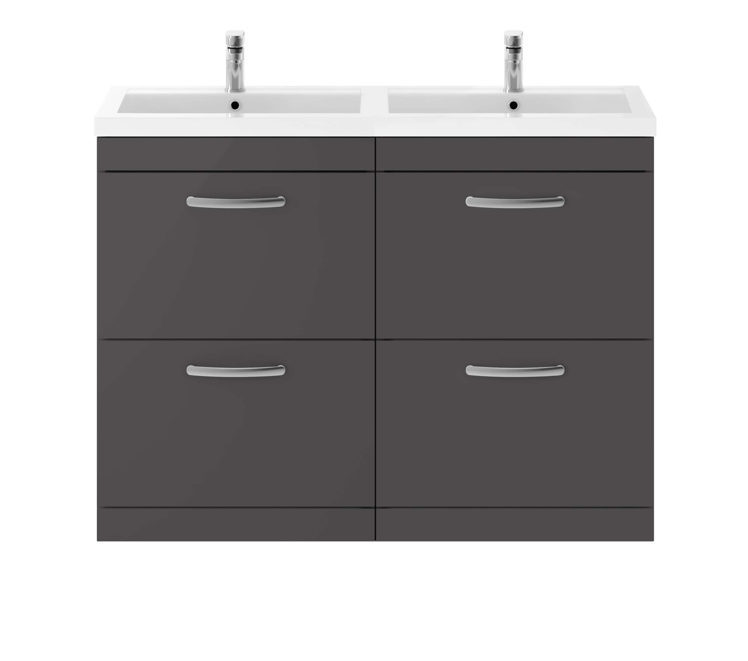 Modern double sink bathroom vanity with grey drawers and sleek silver handles, ideal for contemporary bathroom renovations and stylish bathroom storage solutions.