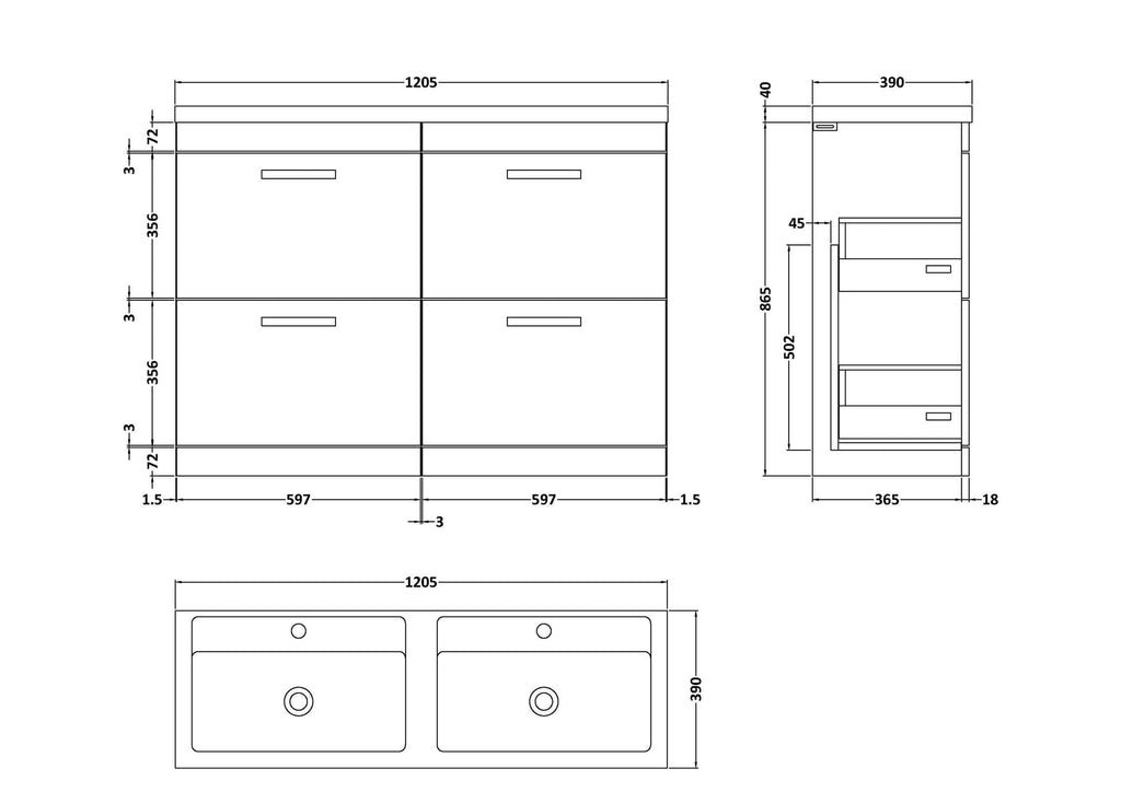 Modern bathroom storage cabinet with detailed technical drawing, showcasing dimensions and design features for sleek and functional bathroom organisation.