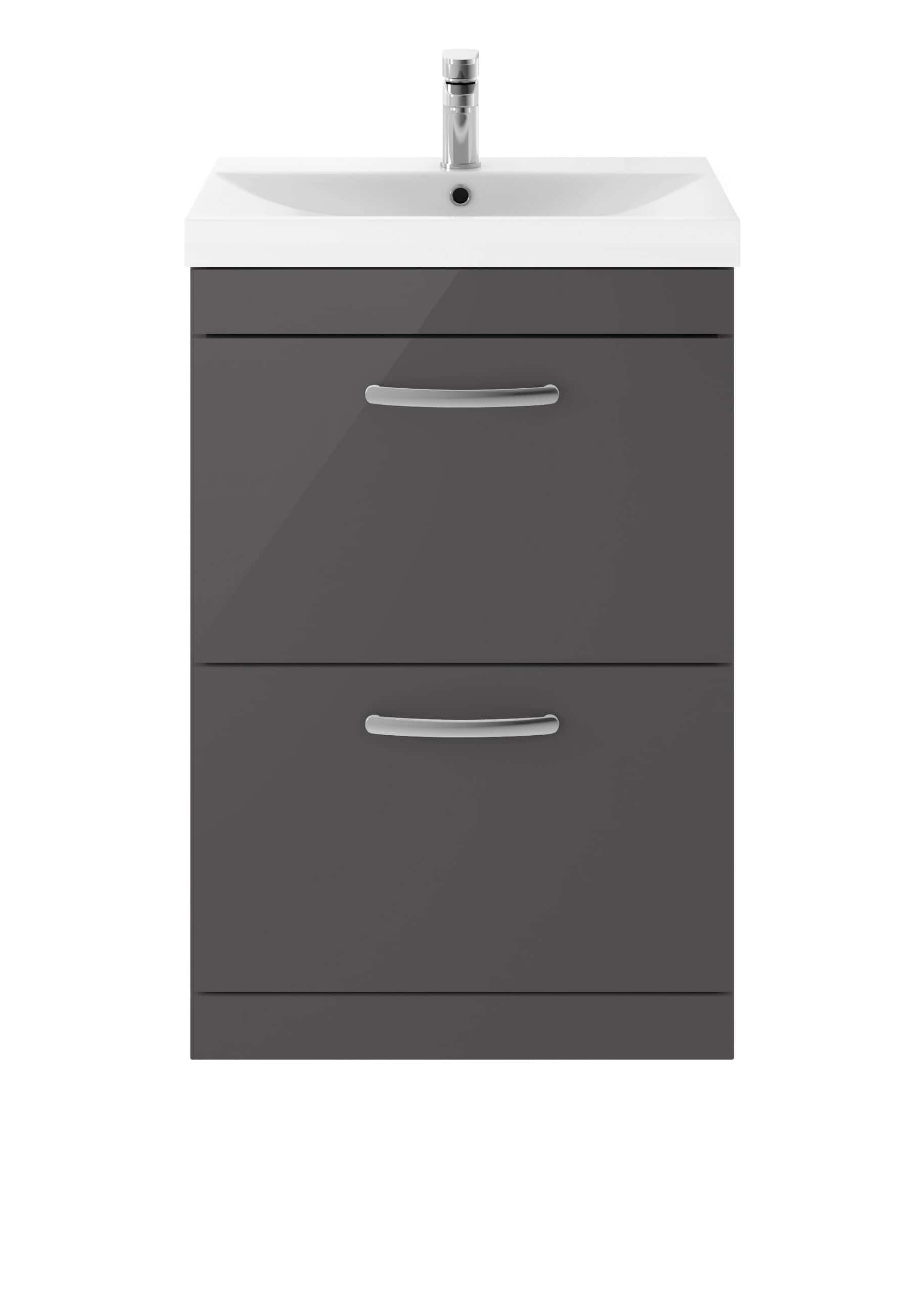 Modern grey bathroom vanity unit with integrated sink and chrome handles, ideal for contemporary bathrooms and washroom upgrades. Perfect for stylish bathroom storage solutions.