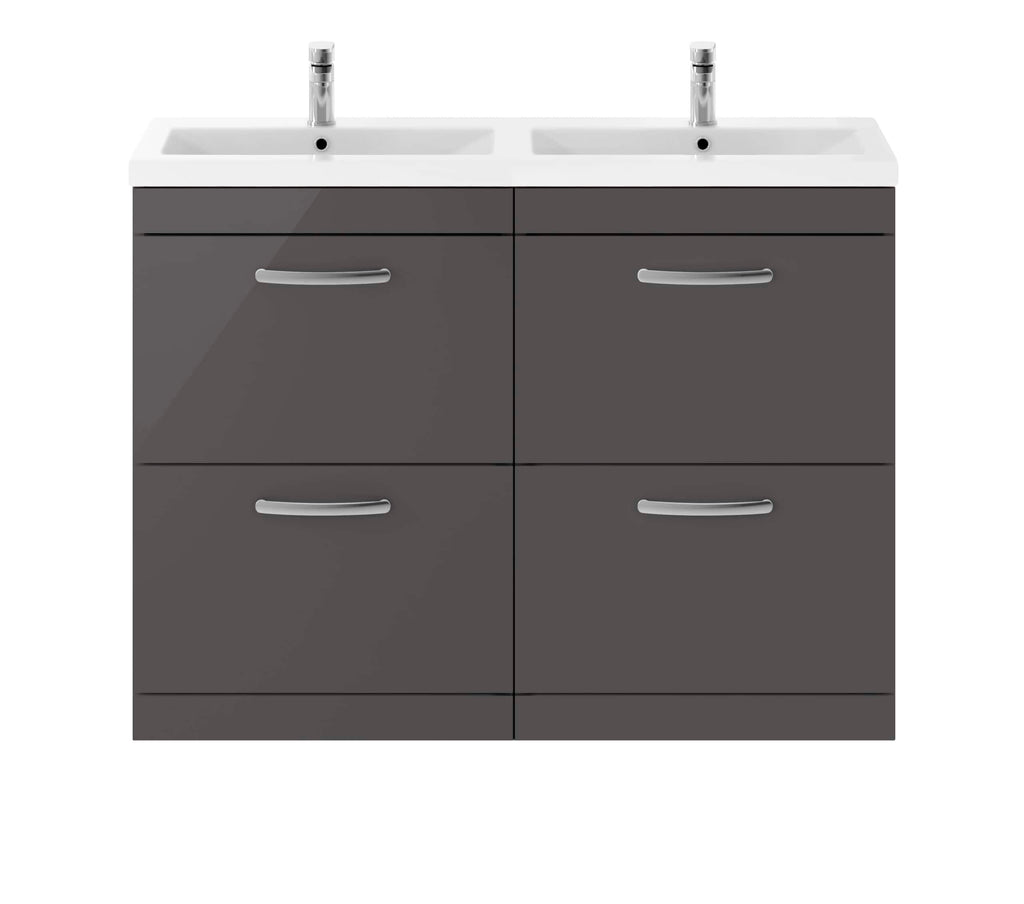 Modern double sink bathroom vanity unit in dark grey with sleek silver handles, ideal for contemporary bathrooms, offering ample storage and stylish design.