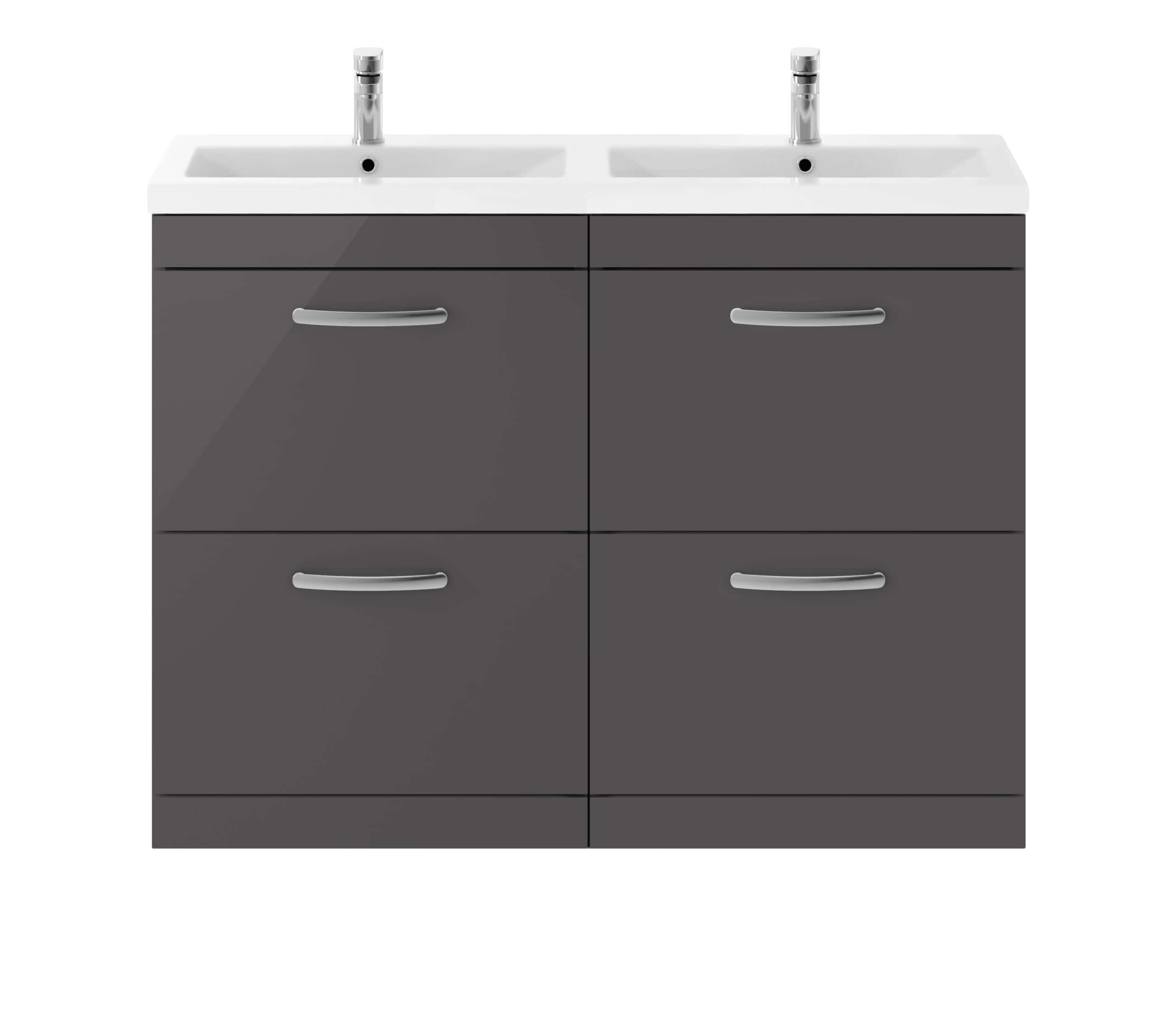 Modern double sink bathroom vanity unit in dark grey with sleek silver handles, ideal for contemporary bathrooms, offering ample storage and stylish design.