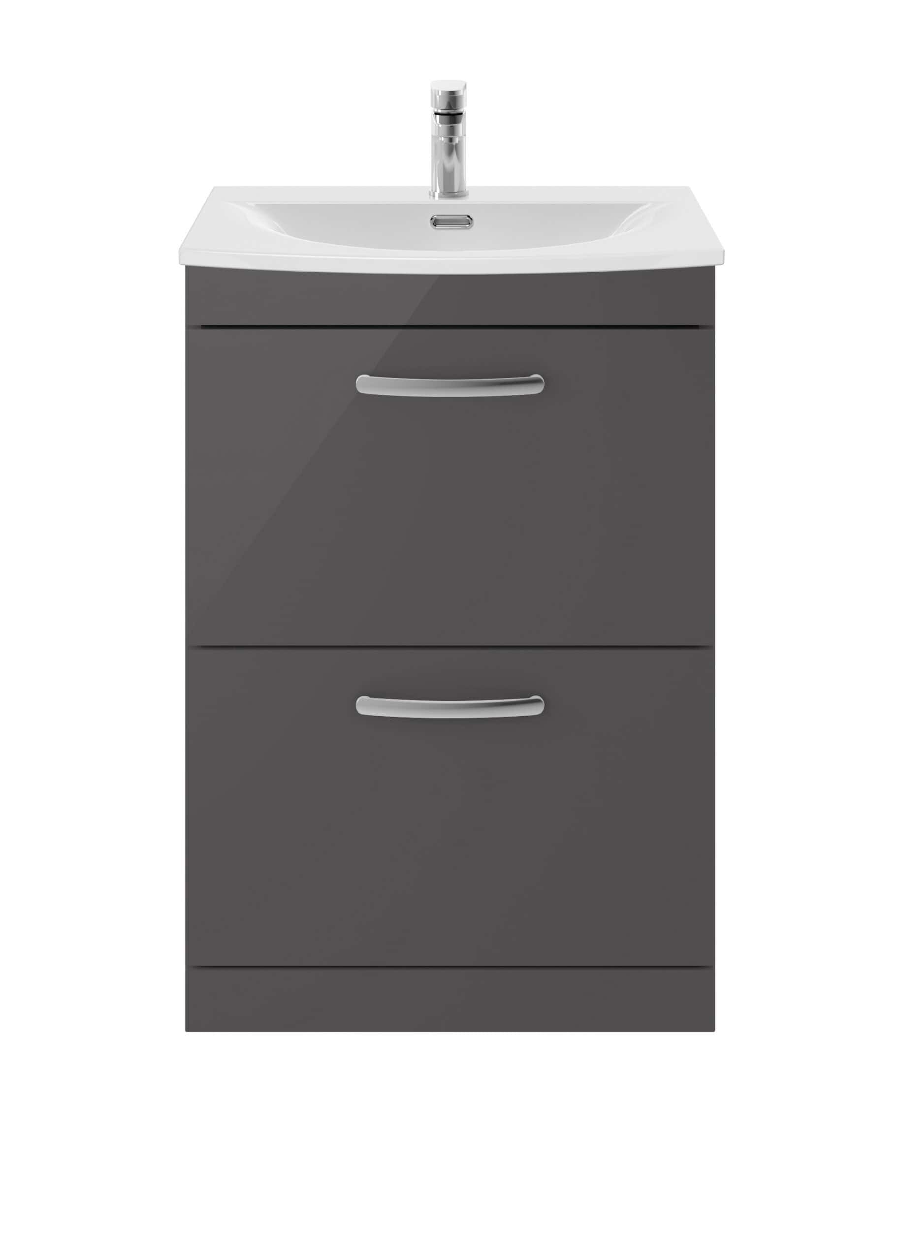 Modern grey bathroom vanity with integrated sink and chrome tap, ideal for contemporary bathroom storage and organisation.