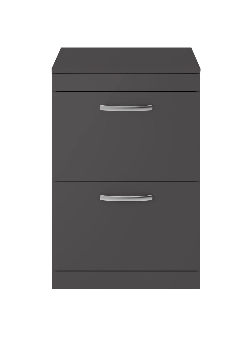 Modern grey bathroom storage cabinet with sleek handles – perfect for organisation in contemporary bathrooms.