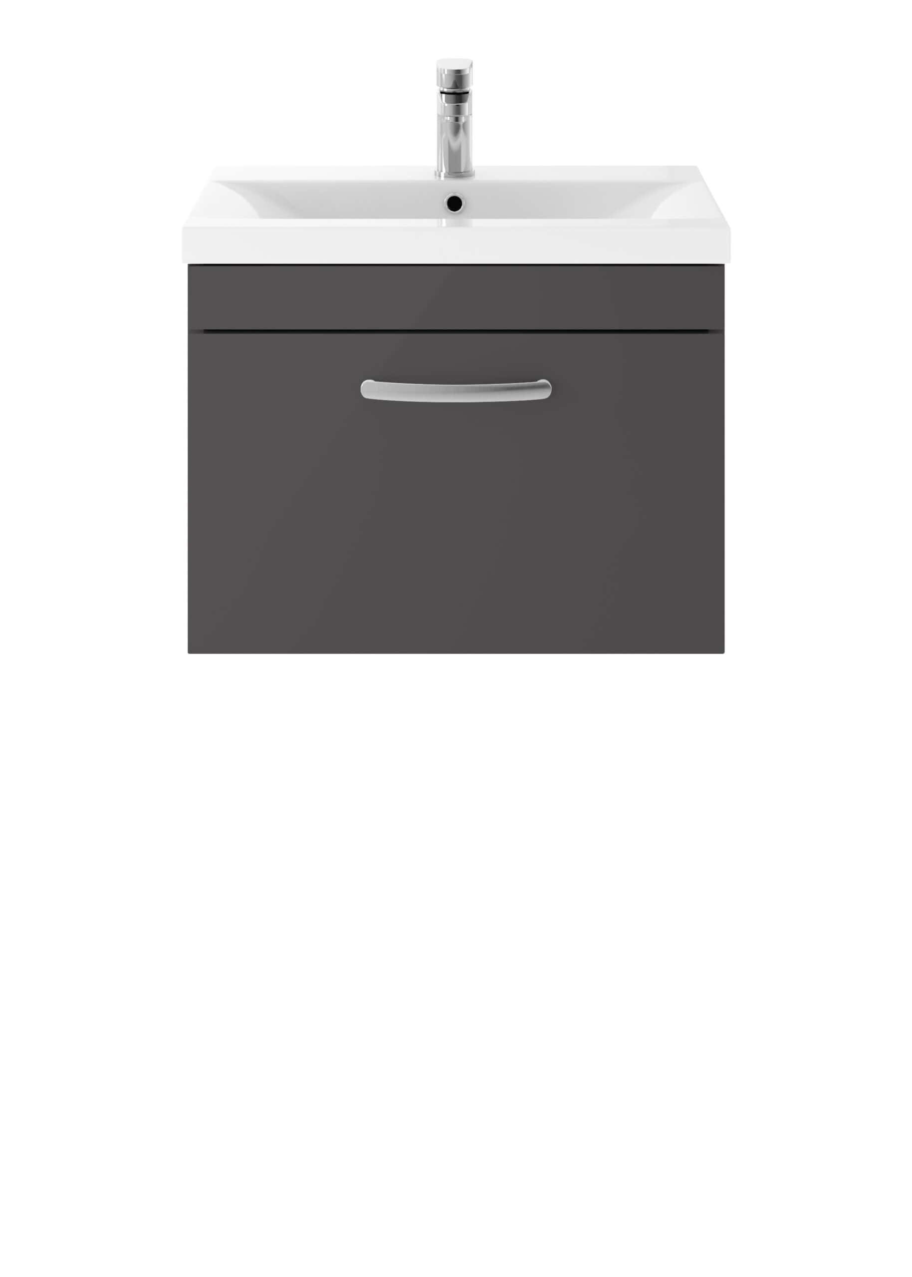 Modern bathroom vanity with grey cabinet and white ceramic sink, ideal for contemporary bathrooms. Features a sleek drawer handle and a chrome faucet for stylish functionality.