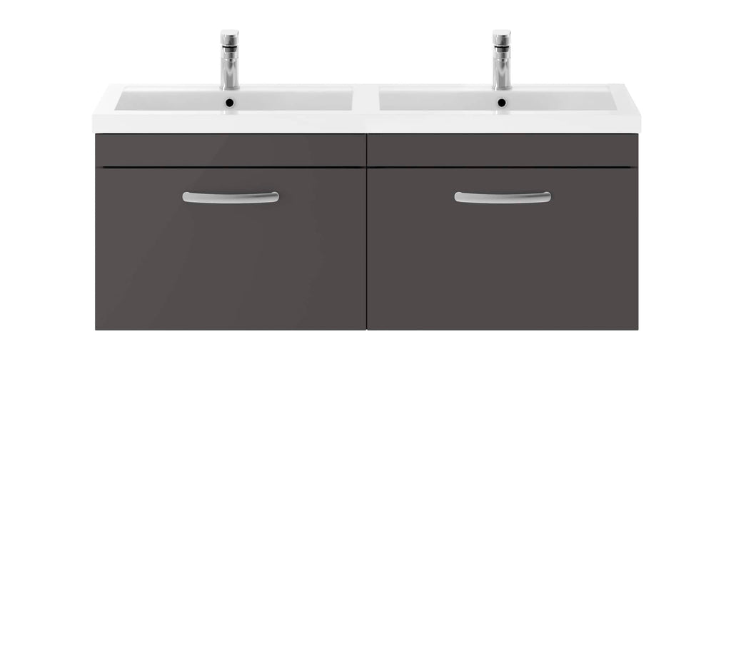 Modern double bathroom vanity with integrated sinks and sleek grey cabinetry - ideal for contemporary bathrooms.