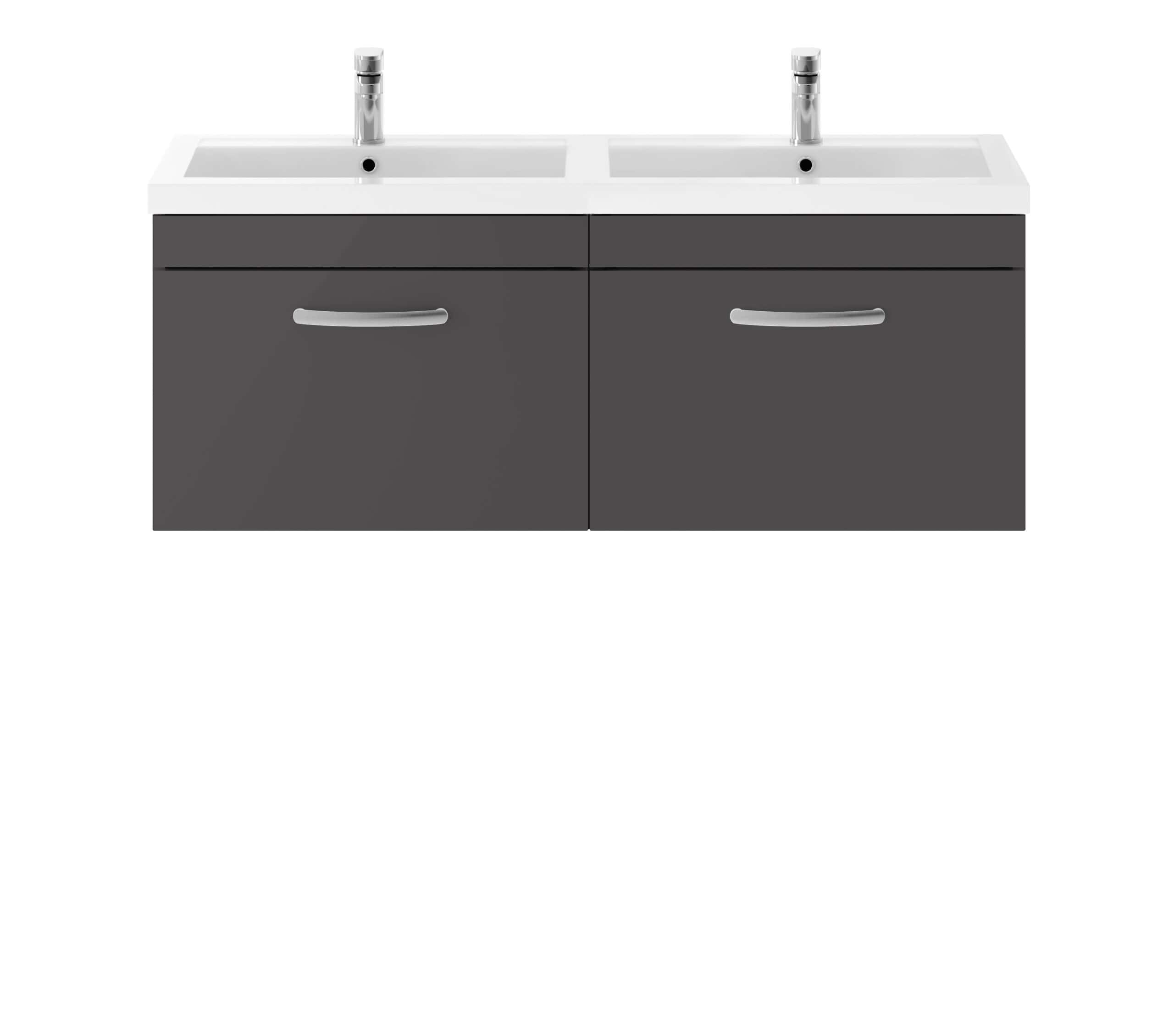 Modern double bathroom vanity with integrated sinks and sleek grey cabinetry - ideal for contemporary bathrooms.