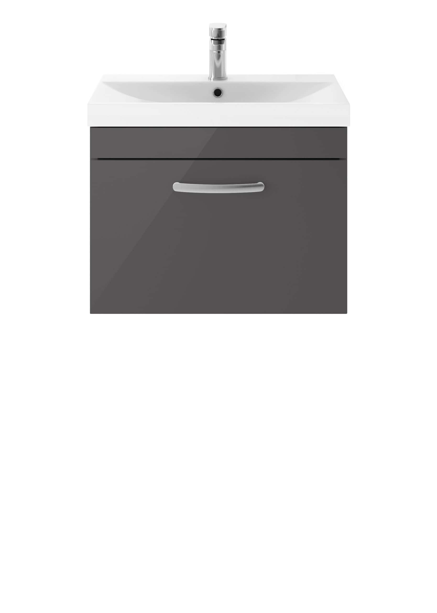 Modern grey bathroom vanity with integrated sink and chrome faucet, ideal for contemporary bathroom design, offering storage and functionality.