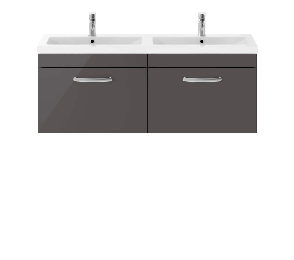 Stylish double bathroom vanity unit with integrated sinks, chrome taps, and grey cabinetry, perfect for modern Bubly bathrooms. Durable and functional for contemporary bathroom designs.