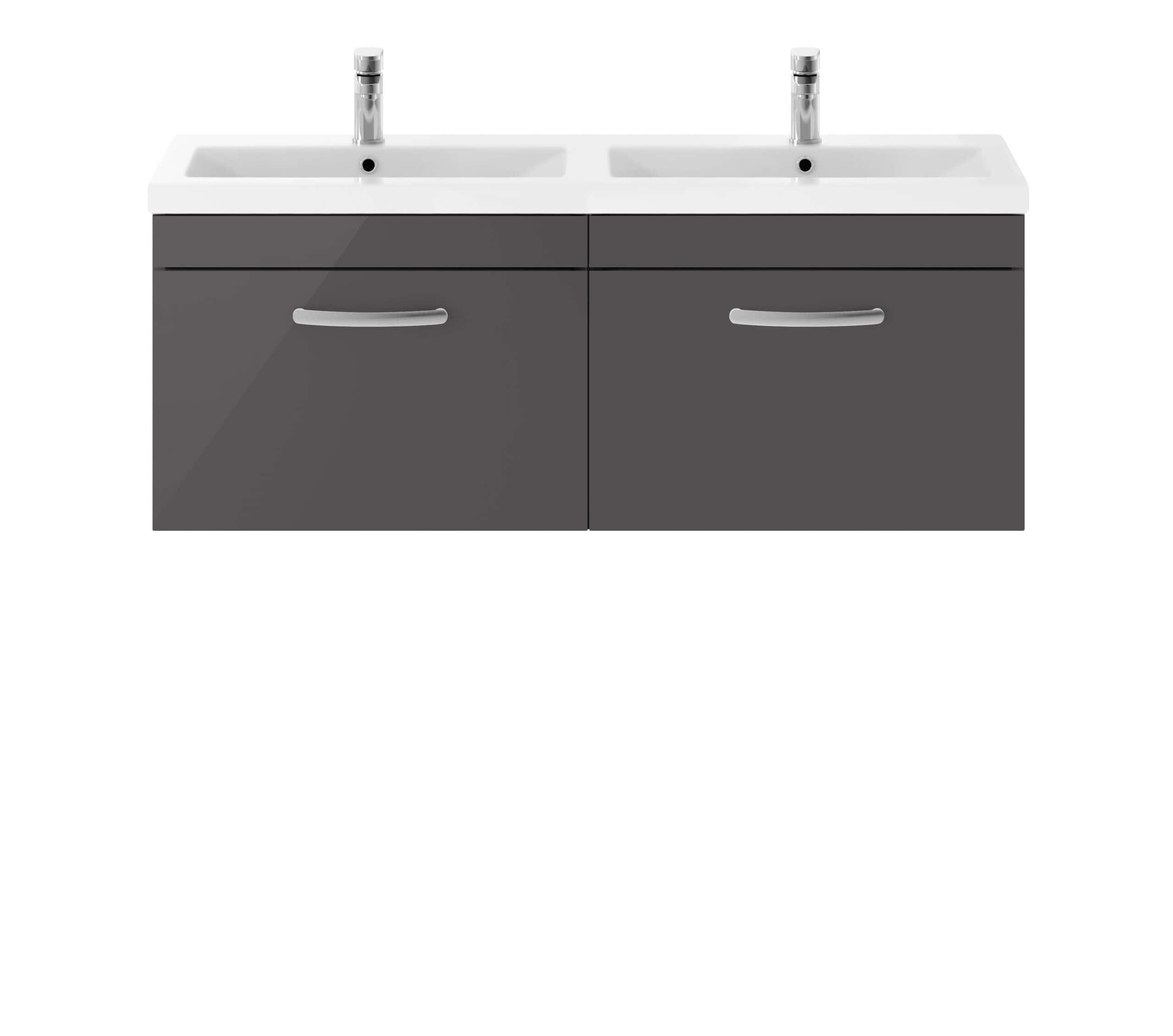 Stylish double bathroom vanity unit with integrated sinks, chrome taps, and grey cabinetry, perfect for modern Bubly bathrooms. Durable and functional for contemporary bathroom designs.