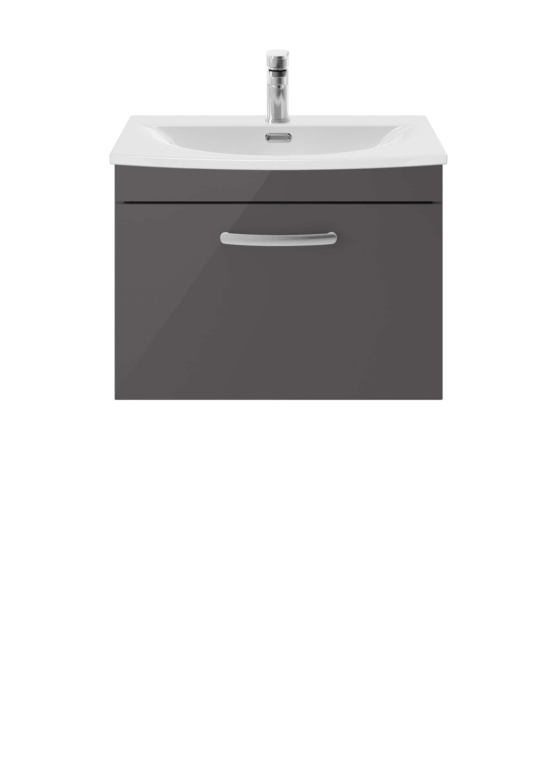 Shower vanity unit with ceramic sink and modern chrome tap, ideal for bathroom storage and organisation. Compact grey bathroom furniture with handle-free drawer for essential bathroom items.
