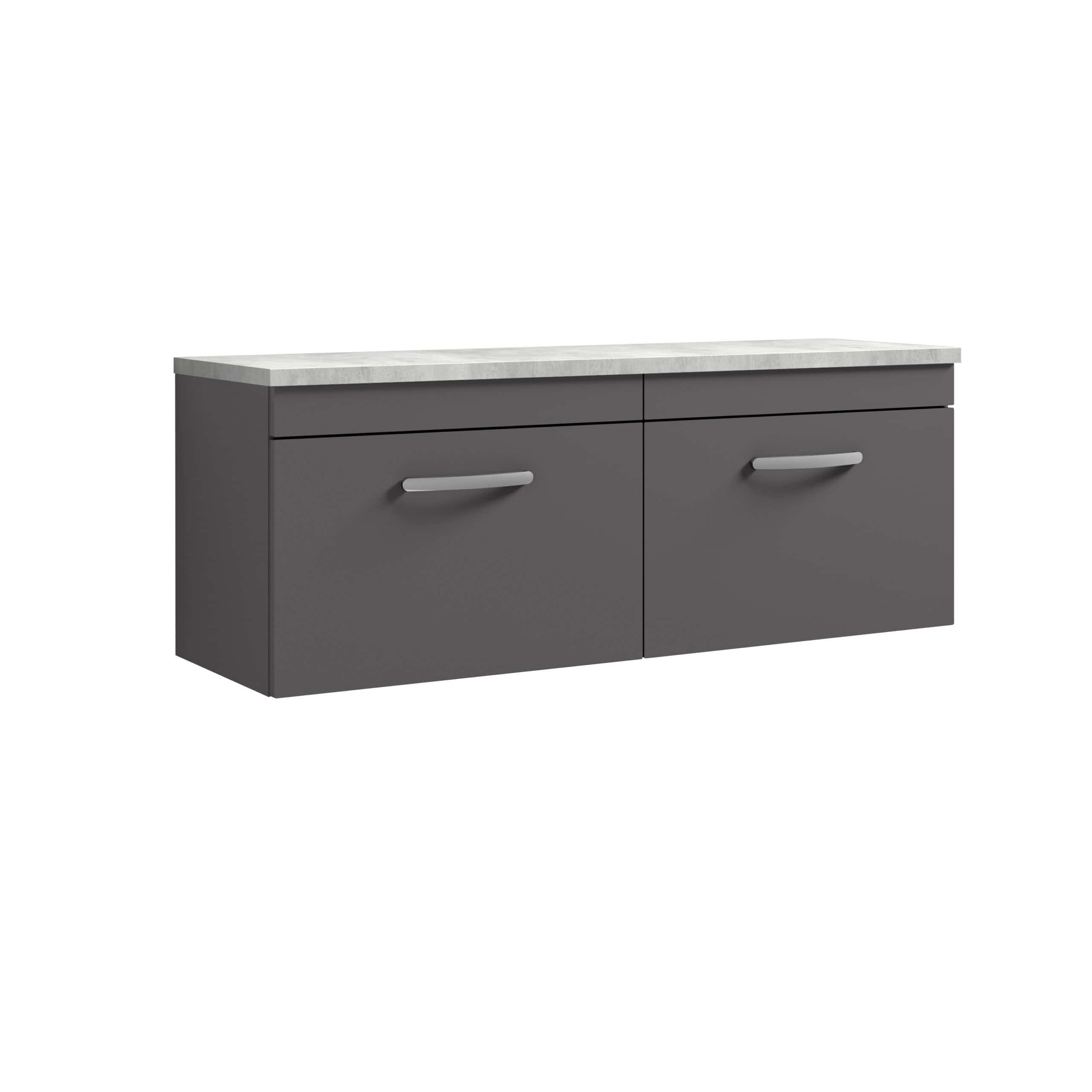 Modern grey bathroom vanity unit with a sleek marble top, perfect for contemporary bathroom décor, offering stylish and practical storage solutions.