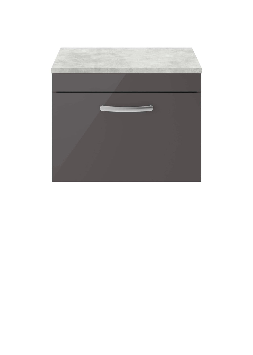 Lockable bathroom vanity with grey finish and a light grey marble-style top, designed for modern bathroom storage solutions for a sleek and functional space.
