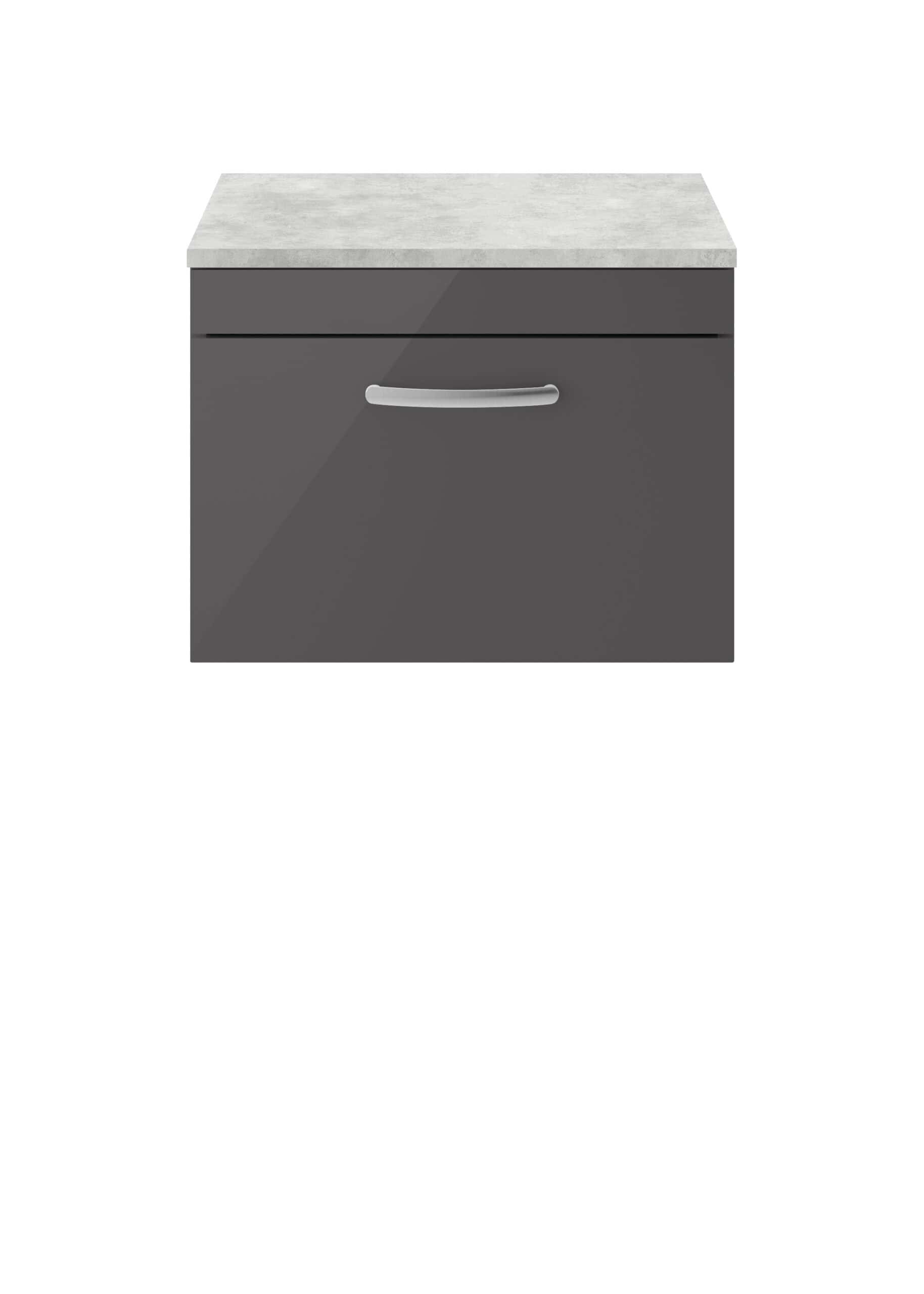 Lockable bathroom vanity with grey finish and a light grey marble-style top, designed for modern bathroom storage solutions for a sleek and functional space.