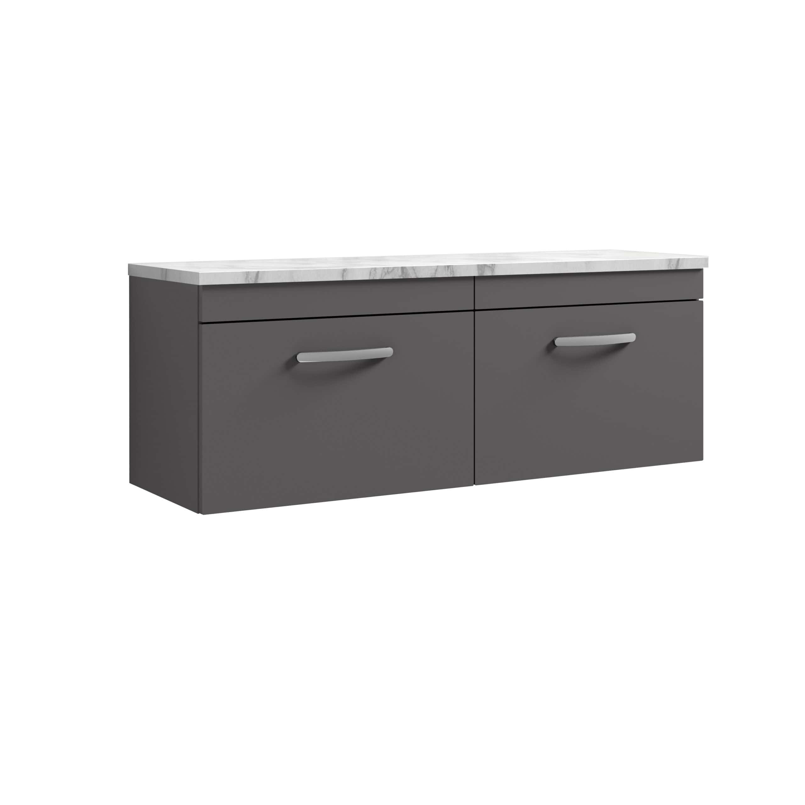 Modern grey bathroom vanity with sleek handles and a marble top, perfect for contemporary bathroom designs. Durable and stylish storage solution for bathroom organisation.
