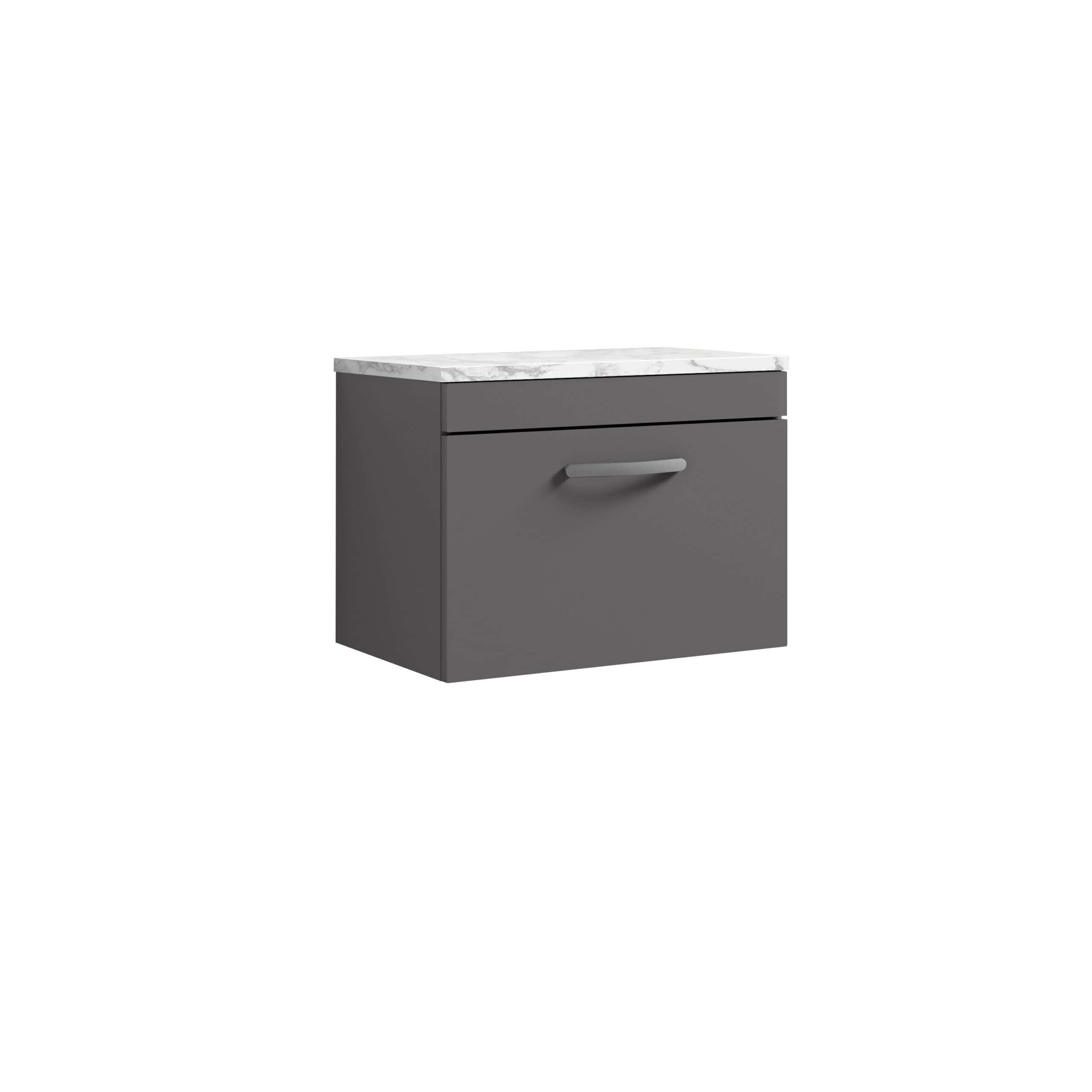 Modern grey bathroom vanity with a marble countertop, sleek handle design, and ample storage space, perfect for contemporary bathroom interiors.