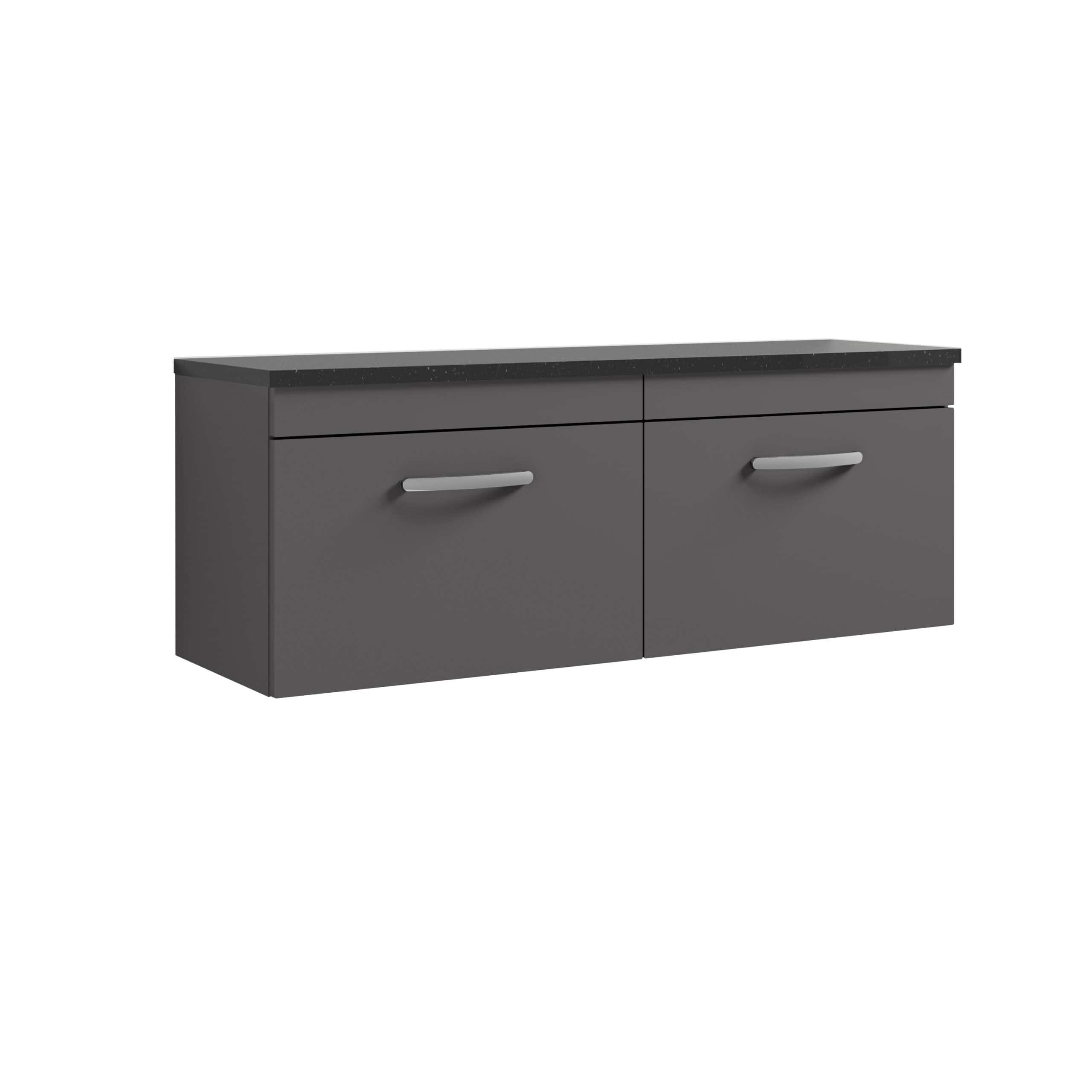 Modern grey bathroom vanity unit with black granite countertop and silver handles, ideal for contemporary bathroom storage solutions.