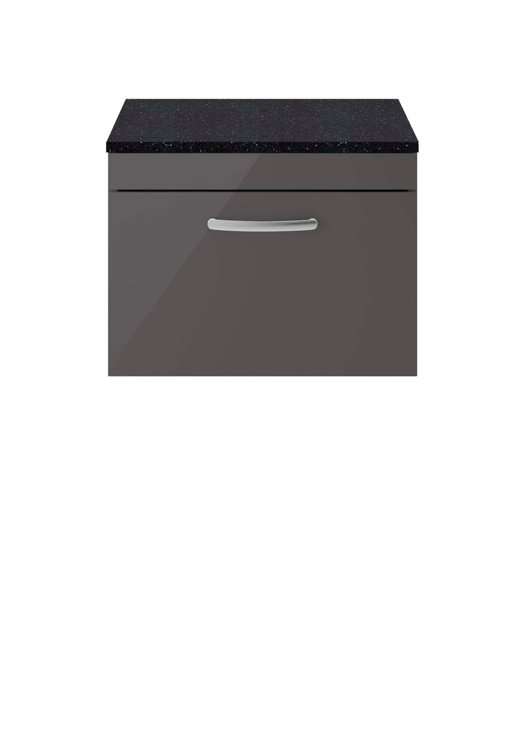 Grey bathroom vanity with sleek handle and black granite countertop for modern bathroom designs.