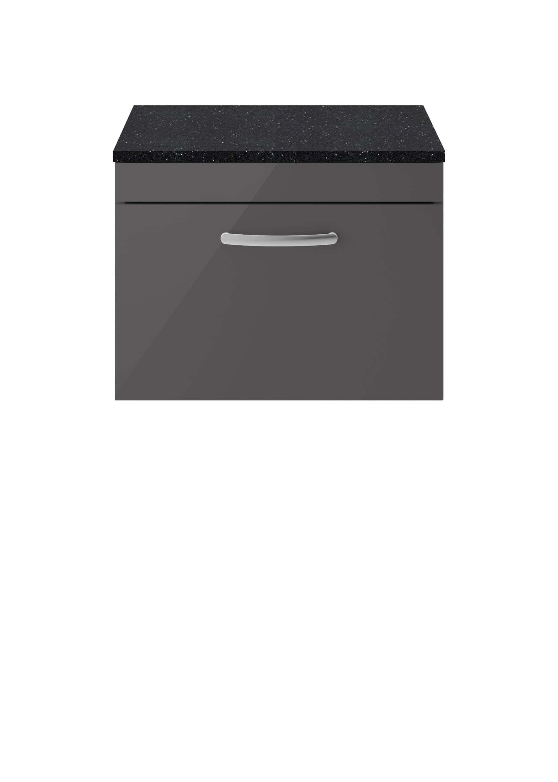 Grey bathroom vanity with sleek handle and black granite countertop for modern bathroom designs.