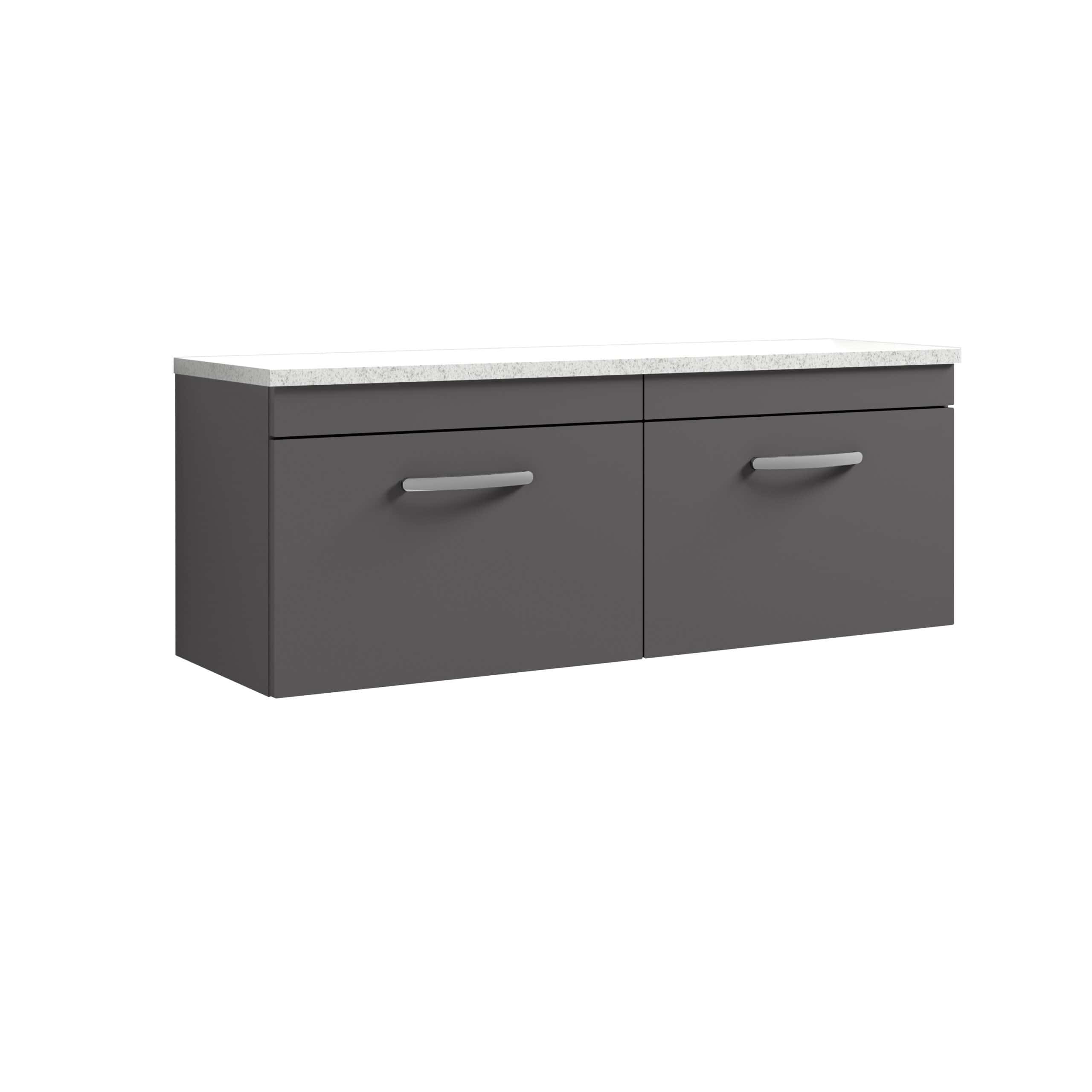Modern grey bathroom vanity with storage drawers and a white granite countertop, ideal for contemporary bathroom designs. Perfect for enhancing space and organisation.