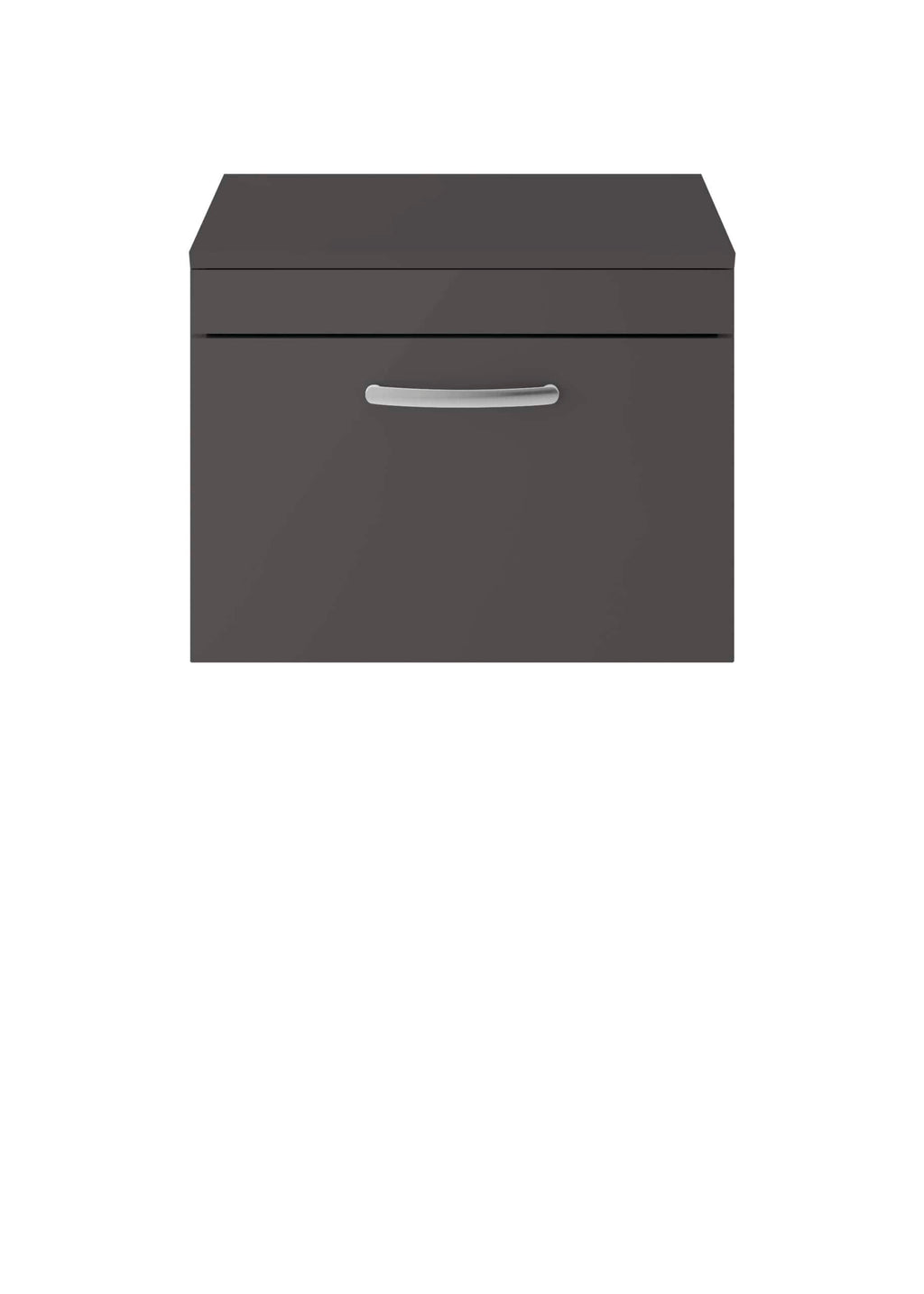 Grey bathroom cabinet with silver handle for modern bathroom storage solutions.