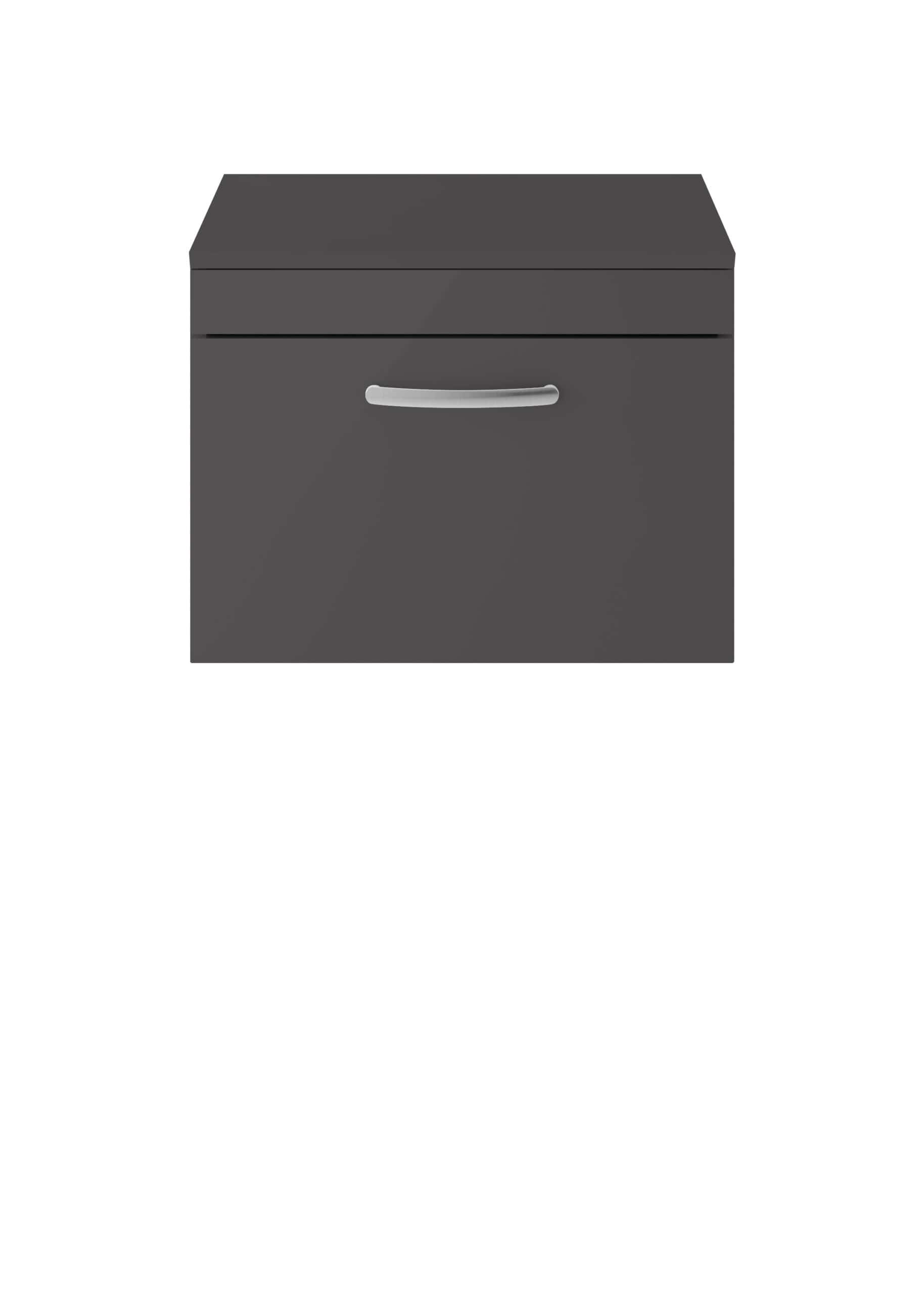 Grey bathroom cabinet with silver handle for modern bathroom storage solutions.
