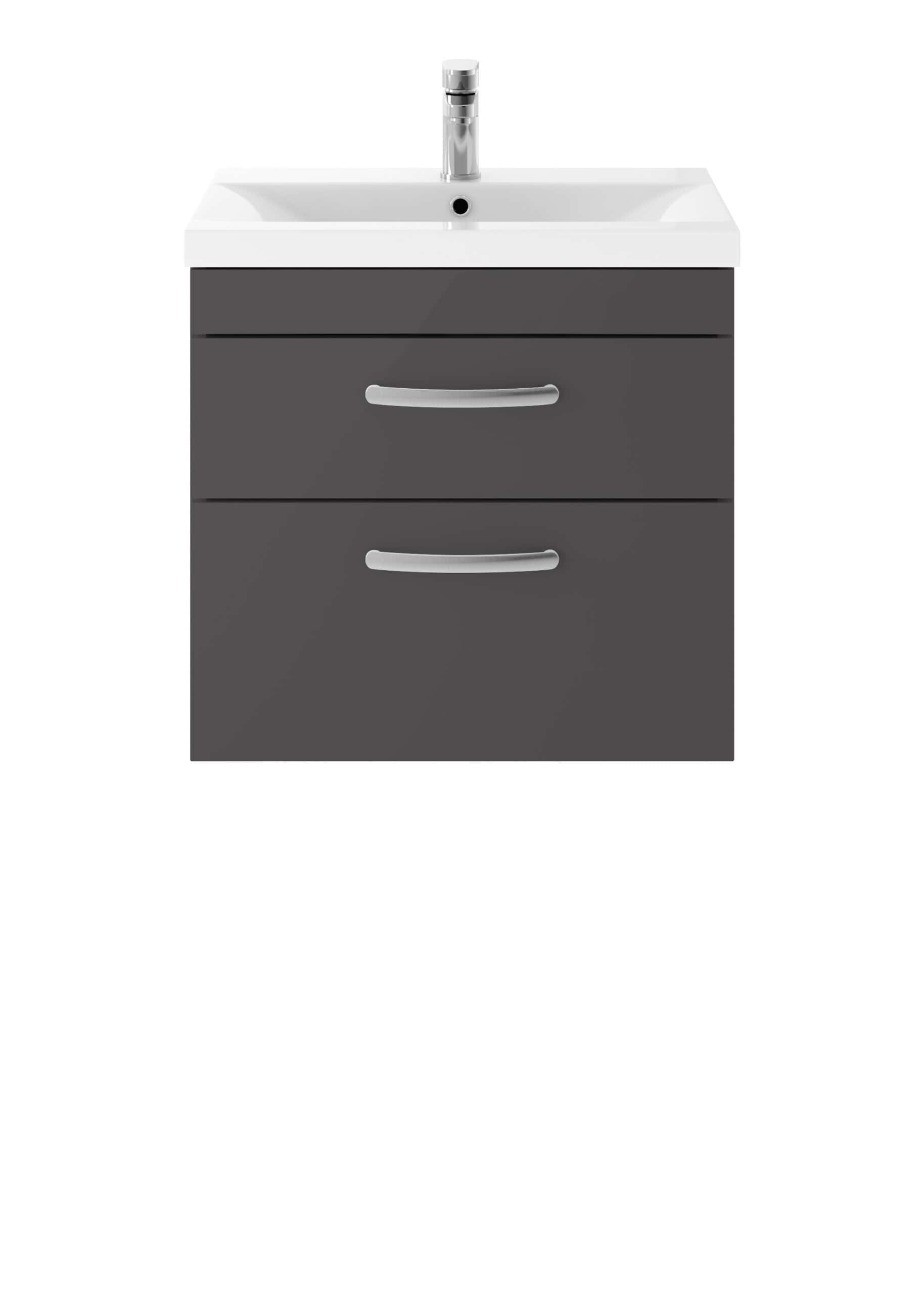 Modern bathroom vanity unit with sink, grey cabinet, and chrome handles, ideal for contemporary bathroom designs and efficient storage solutions.