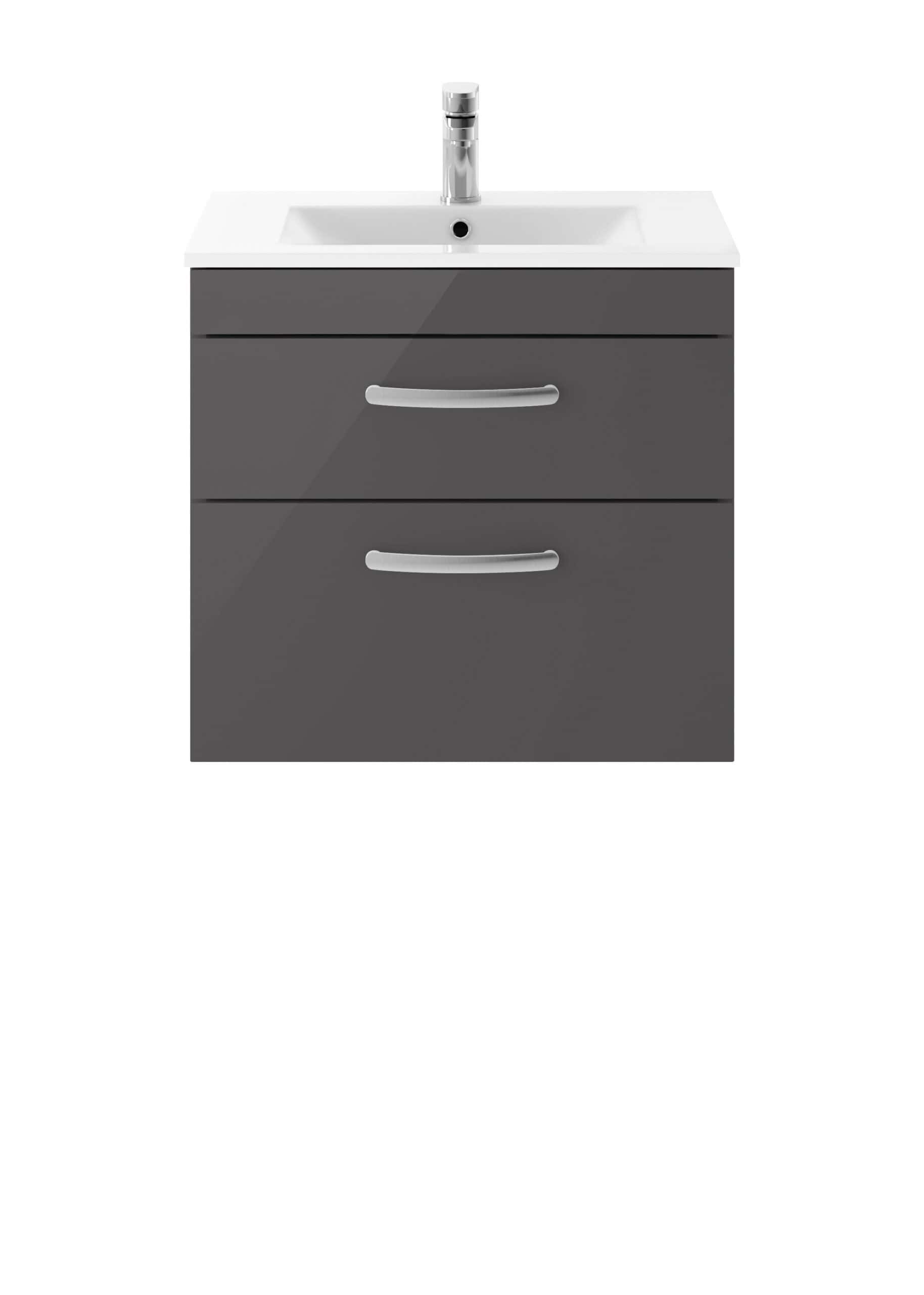 Grey bathroom vanity unit with integrated sink and chrome handles, ideal for modern bathrooms - Bubly Bathrooms.