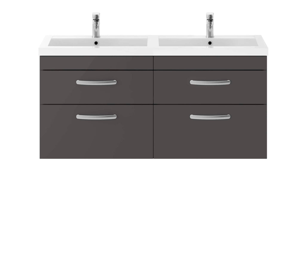 Modern double bathroom vanity with grey drawers and white countertop featuring two sinks and chrome fixtures.