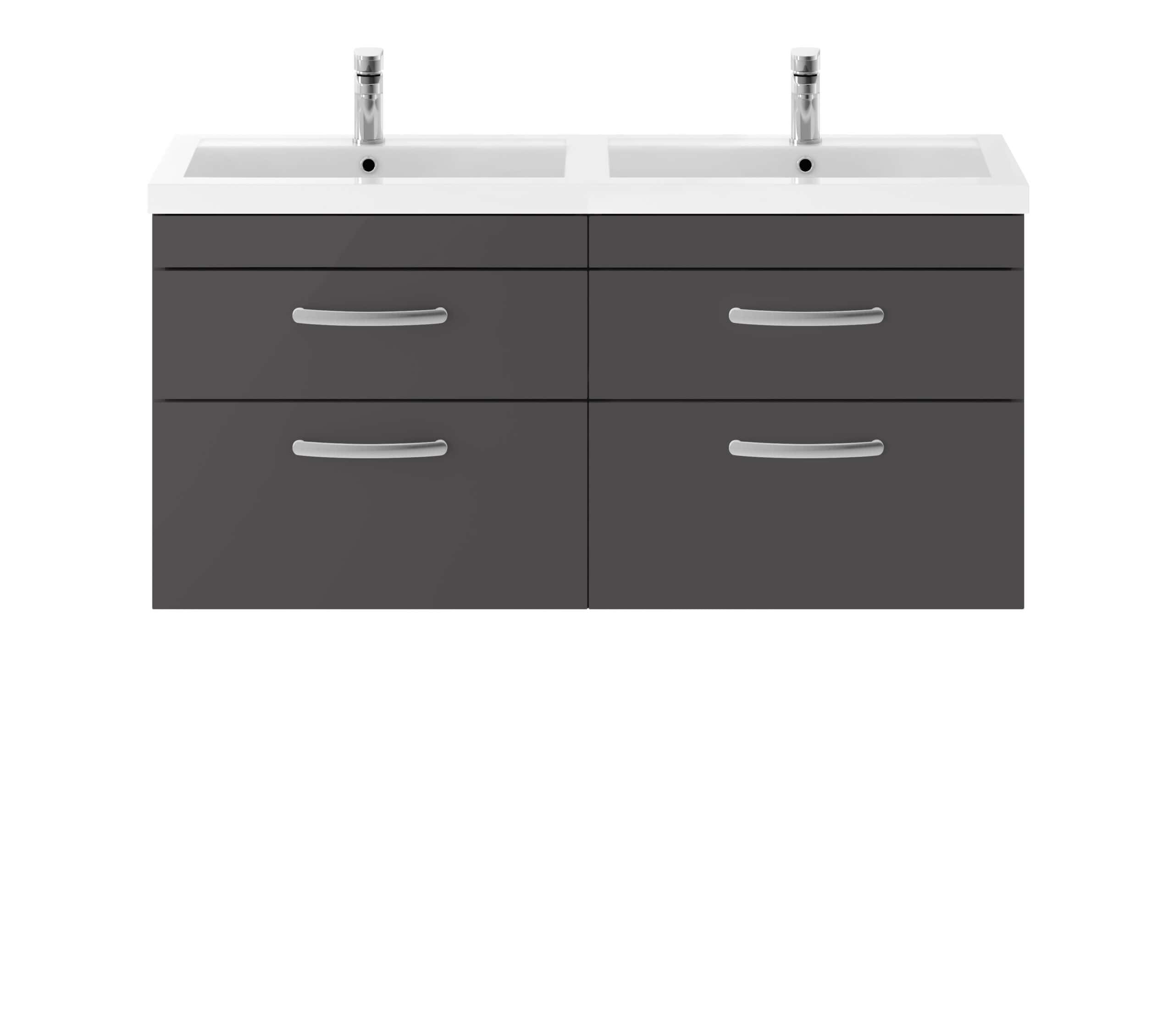 Modern double bathroom vanity with grey drawers and white countertop featuring two sinks and chrome fixtures.