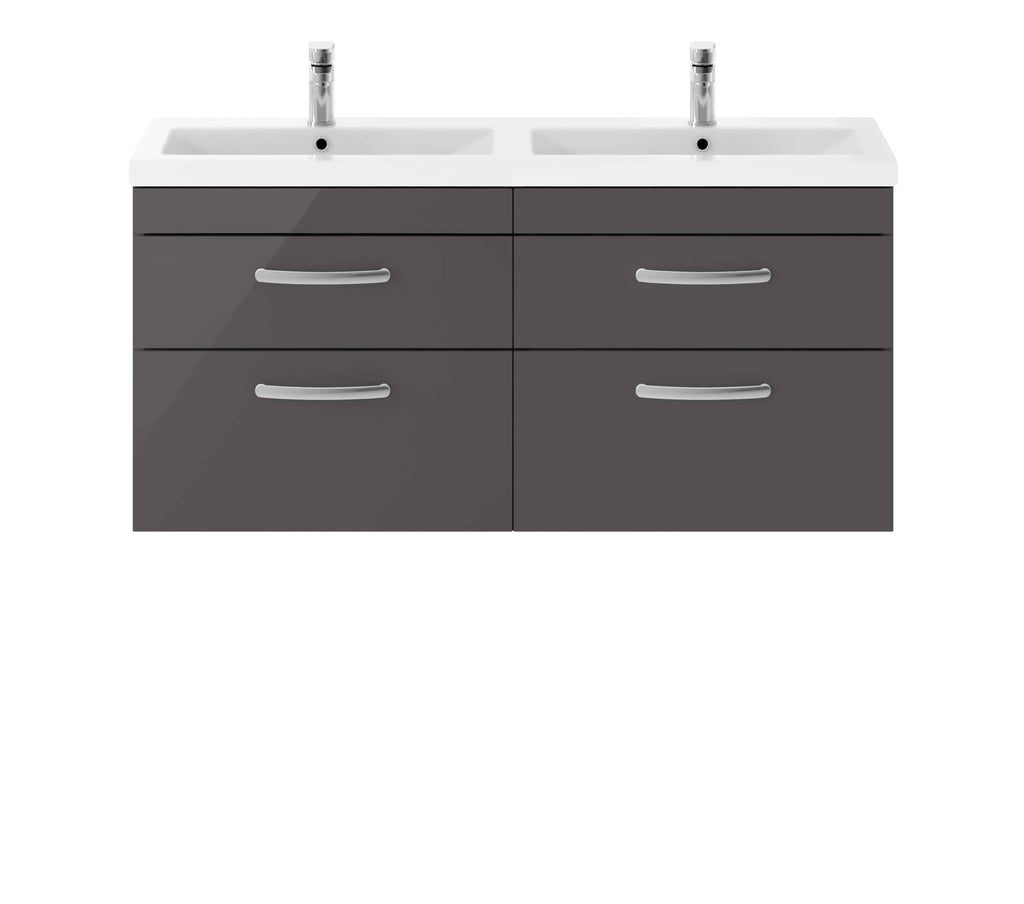Shower vanity unit with two sinks and grey cabinetry, modern bathroom furniture, sleek design, perfect for contemporary Bubly bathrooms, storage drawers, chrome handles, dual basin setup.