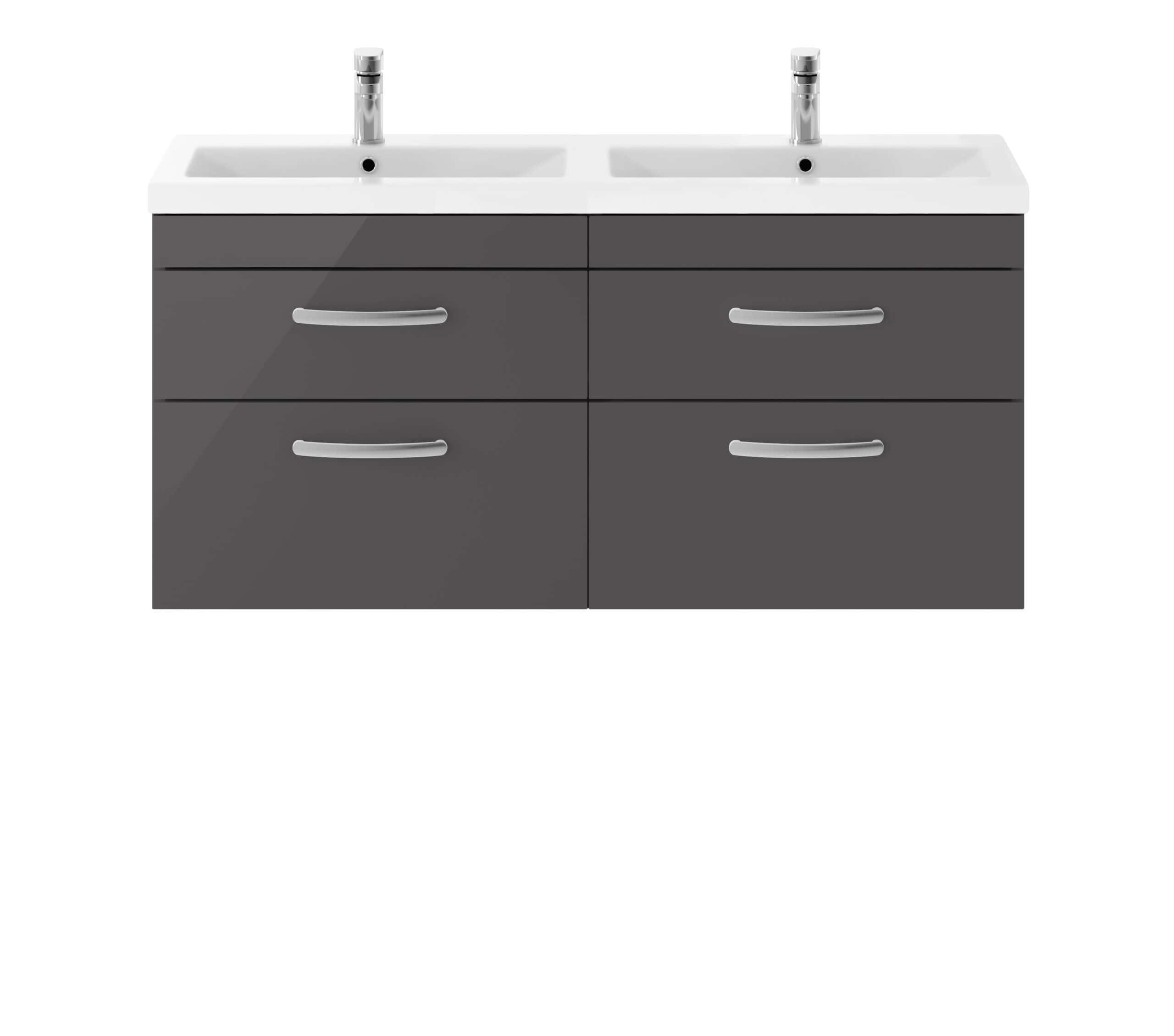 Shower vanity unit with two sinks and grey cabinetry, modern bathroom furniture, sleek design, perfect for contemporary Bubly bathrooms, storage drawers, chrome handles, dual basin setup.