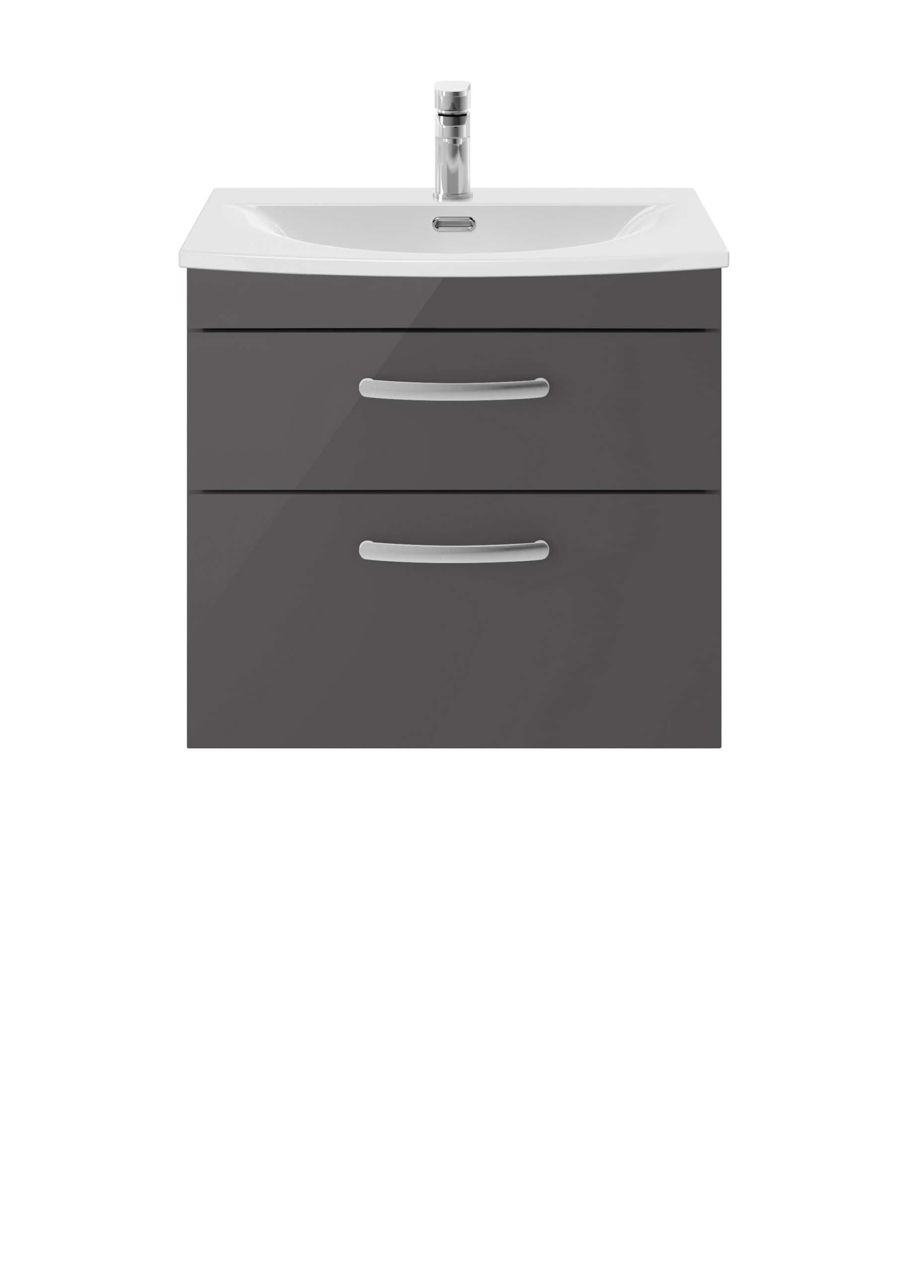 White and grey bathroom vanity unit with a modern sink and chrome handle drawers, ideal for bathroom storage solutions.