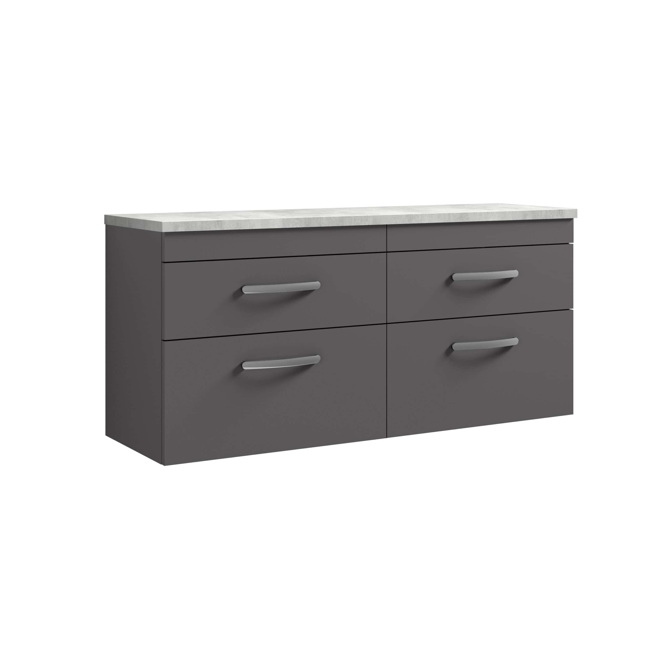 Modern grey bathroom vanity with four spacious drawers and a sleek marble countertop, perfect for contemporary bathroom storage solutions.