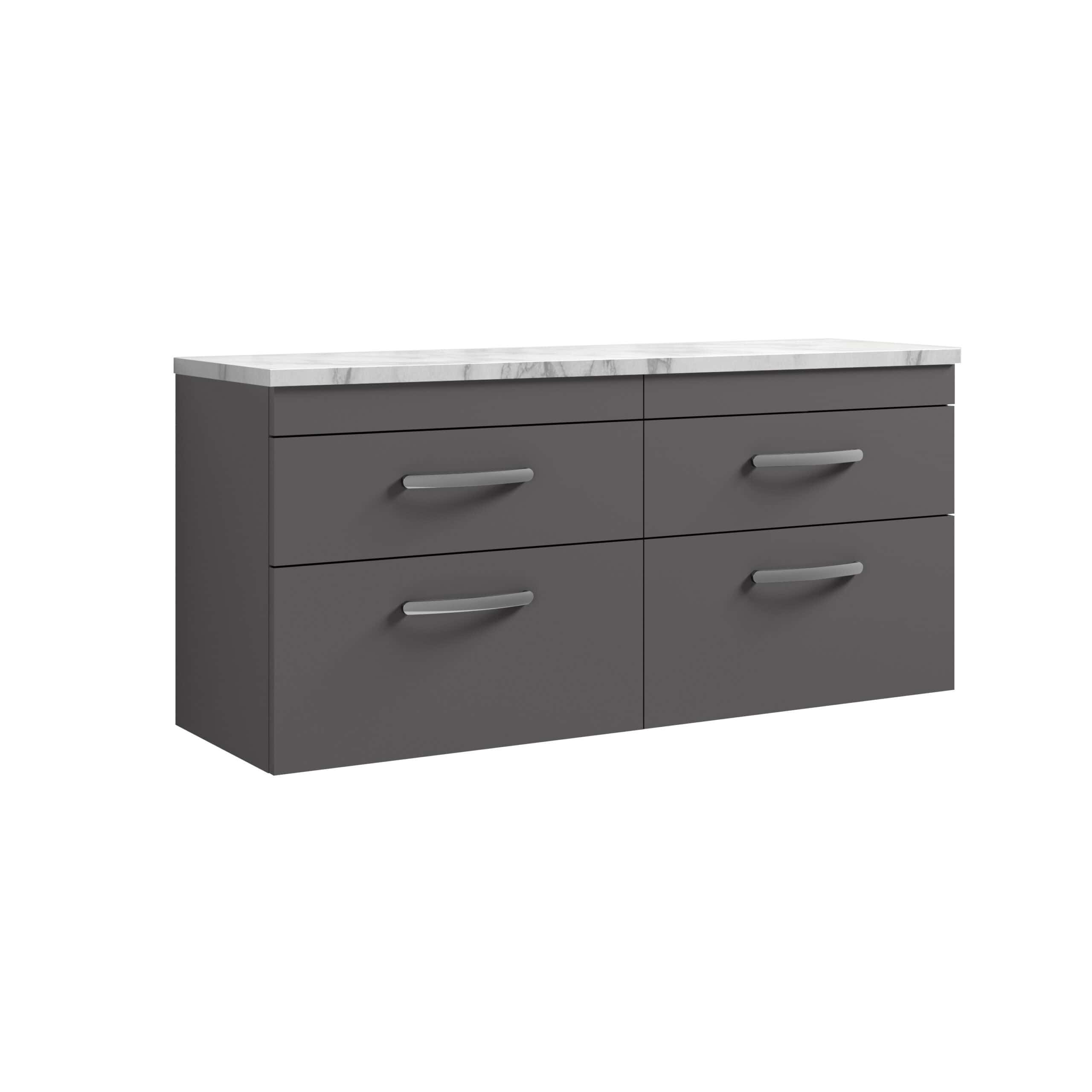 Sleek grey bathroom vanity with four drawers and a white marble top, perfect for modern bathroom storage and style. Designed for durable, functional, and elegant bathroom organisation.
