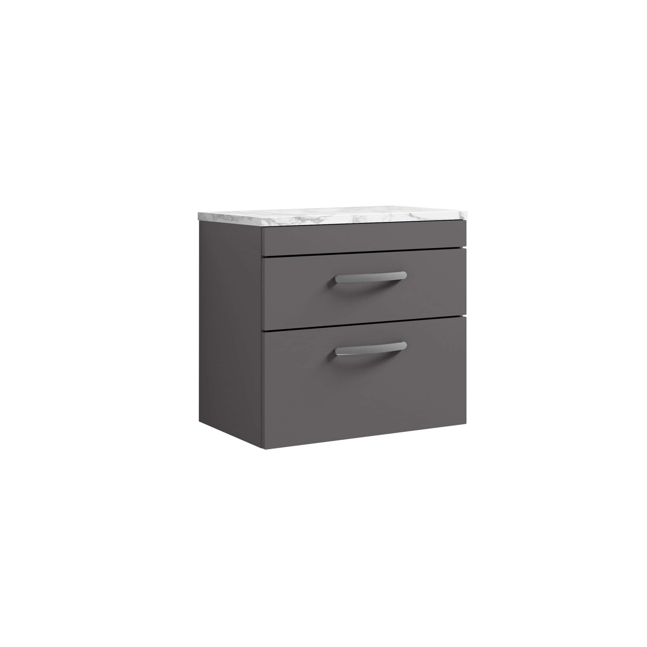 Modern grey bathroom vanity unit with marble top, featuring two spacious drawers for bathroom storage and sleek, ergonomic handles. Perfect for contemporary bathroom design.