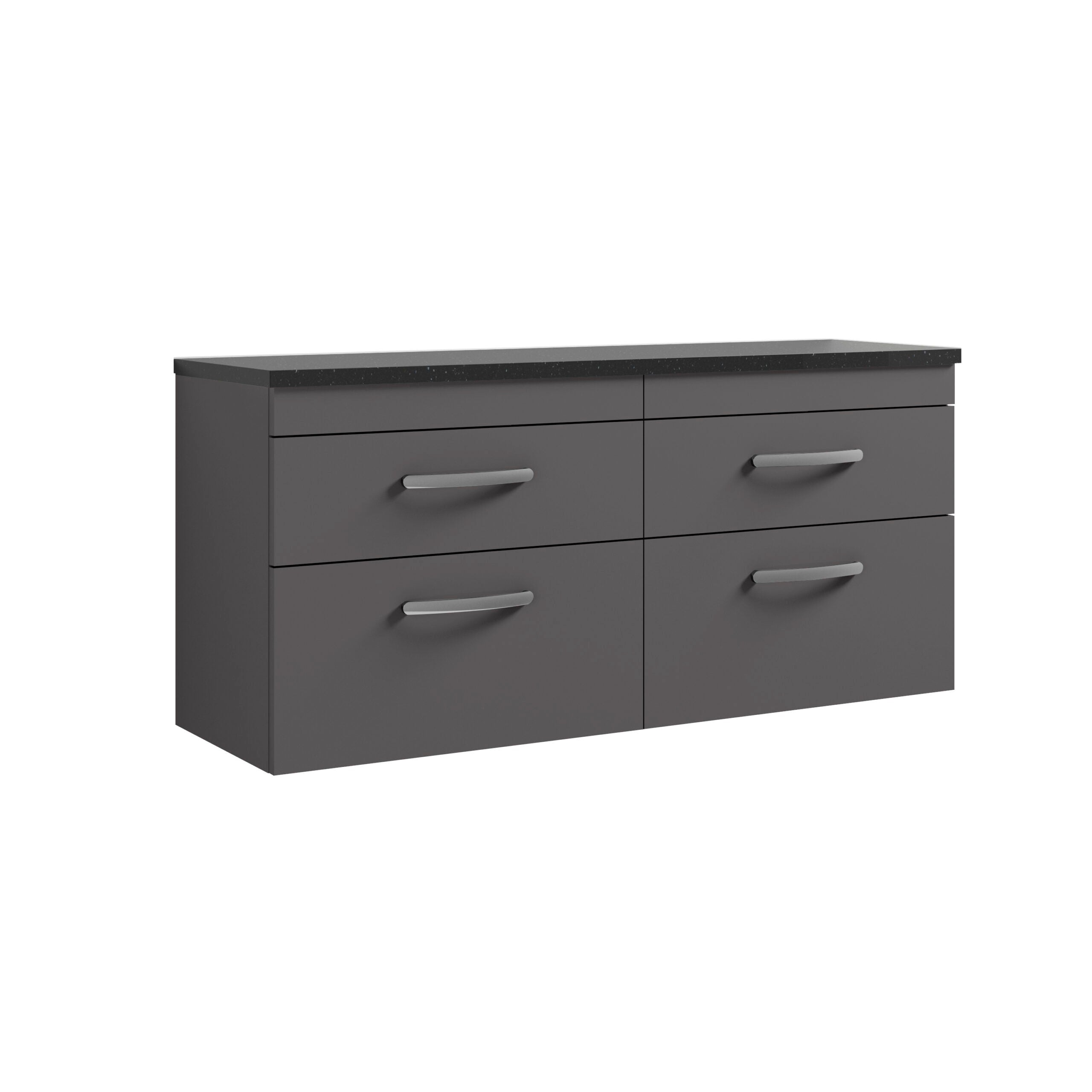 Sleek grey bathroom storage cabinet with six drawers and modern handles, featuring a black countertop for a stylish and functional bathroom organisation solution.