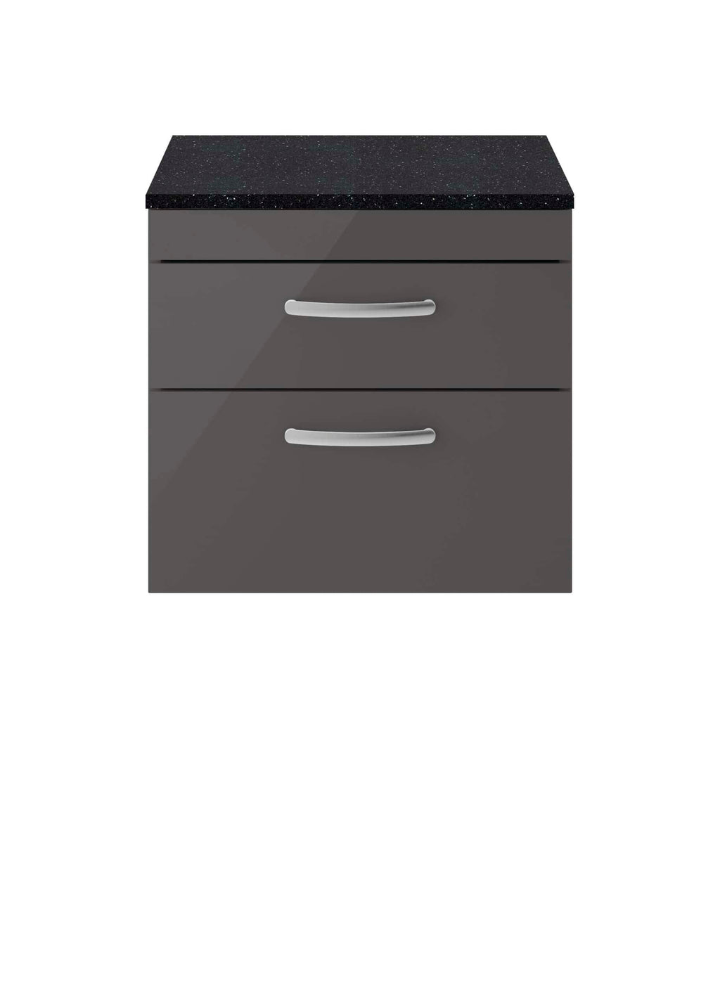 Aluminium bathroom cabinet with two drawers and a black granite top for bathroom storage.