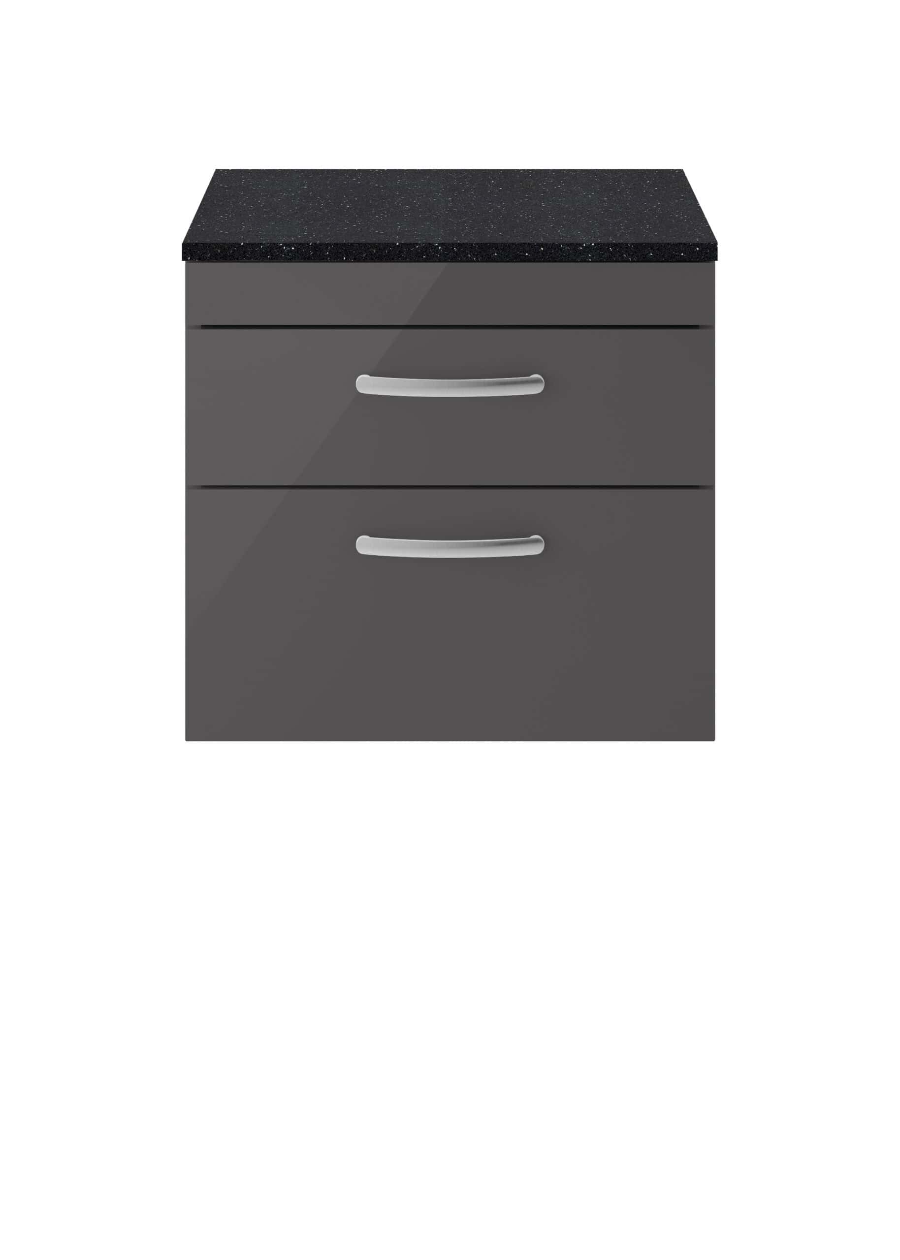Aluminium bathroom cabinet with two drawers and a black granite top for bathroom storage.