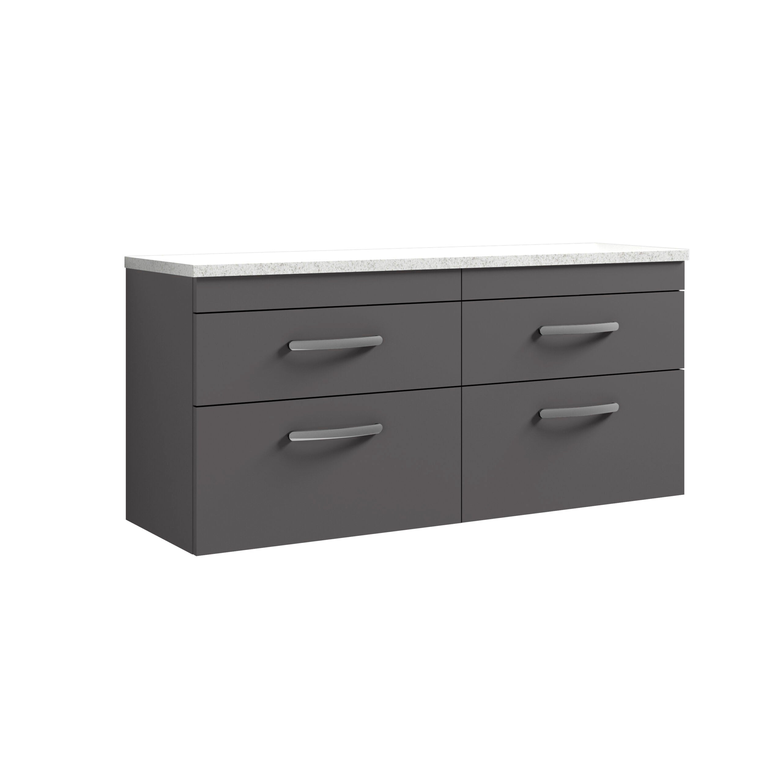 Sleek grey bathroom vanity unit with four spacious drawers, modern curved handles, and a durable white countertop - perfect for contemporary bathroom design.