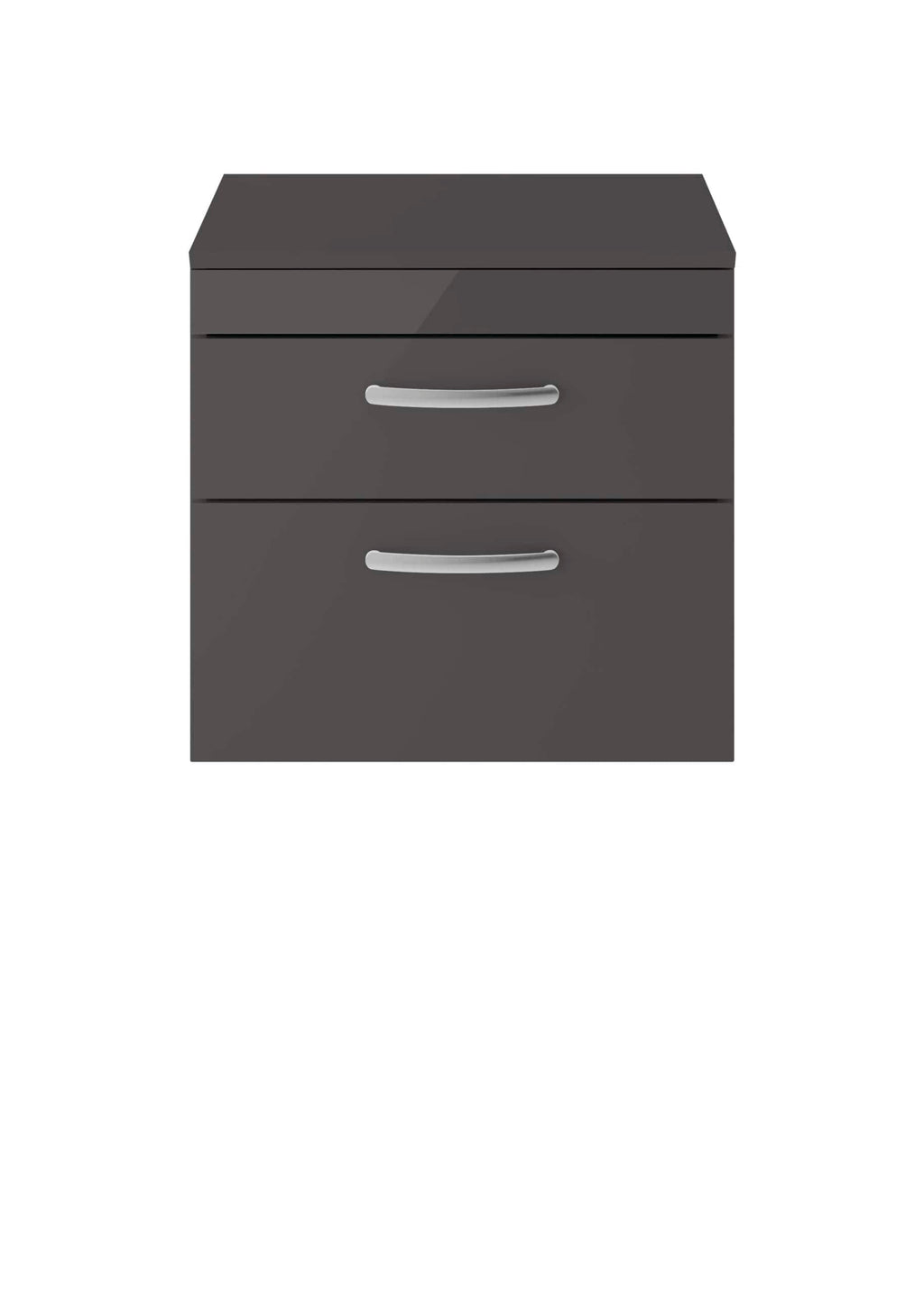 Gray bathroom storage cabinet with two drawers, modern vanity furniture, ideal for bathroom organisation and storage solutions.