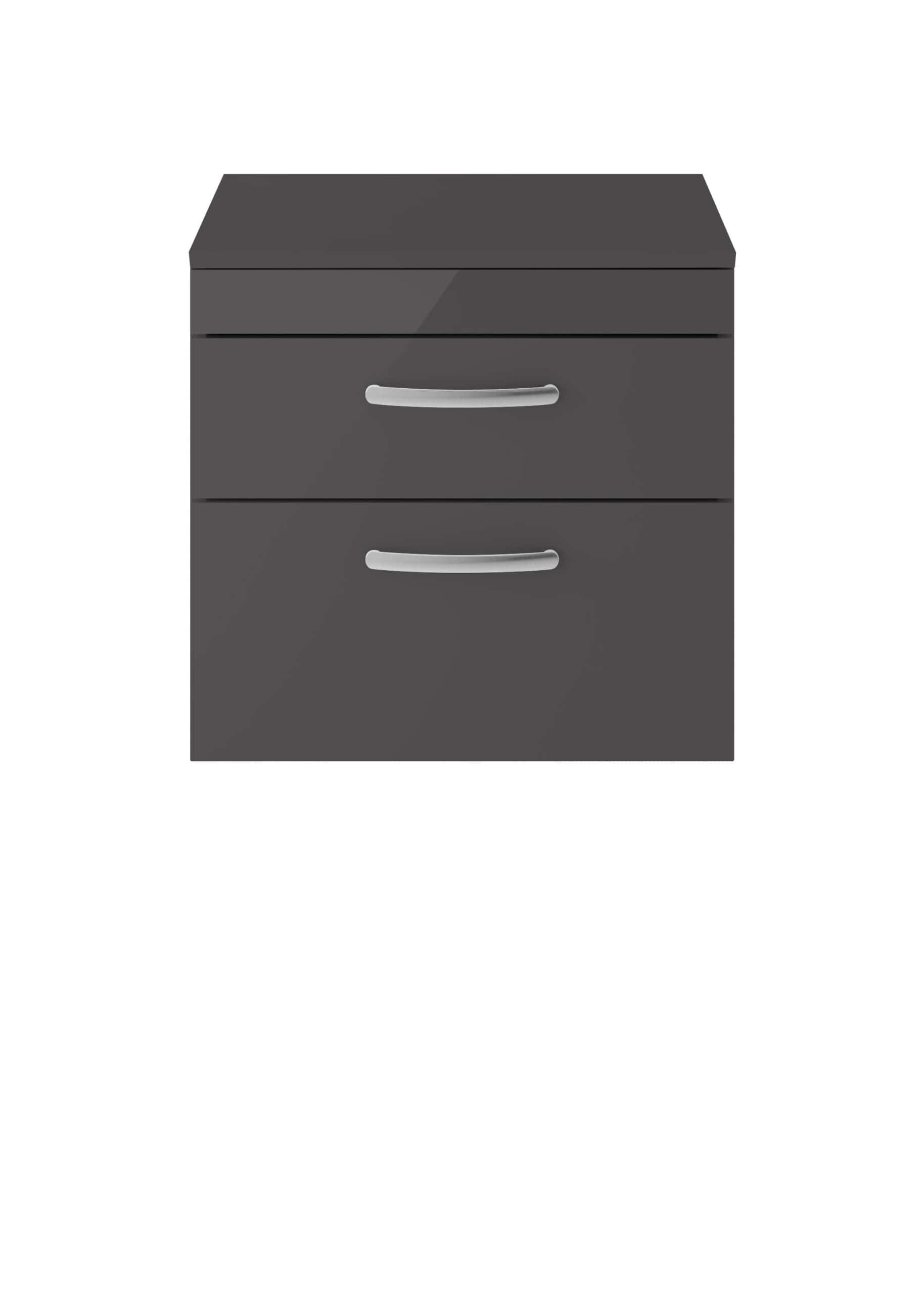 Gray bathroom storage cabinet with two drawers, modern vanity furniture, ideal for bathroom organisation and storage solutions.