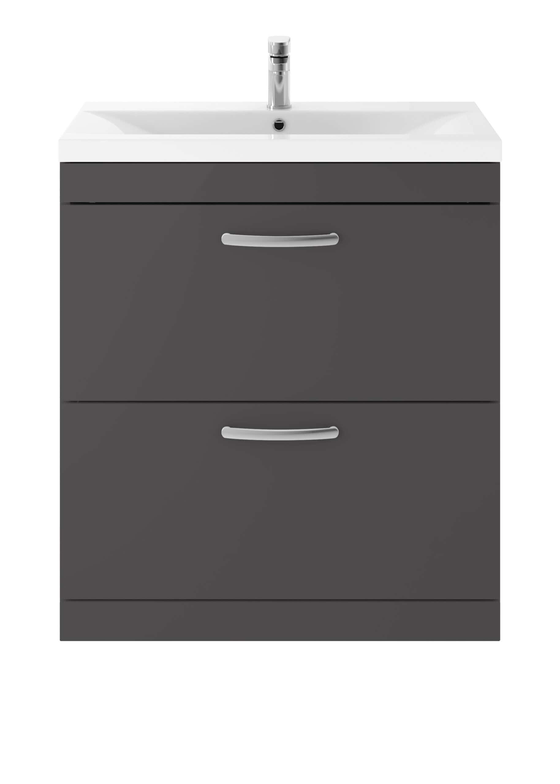 Contemporary grey bathroom vanity unit with integrated sink and chrome handles, ideal for modern bathroom decor and storage solutions.