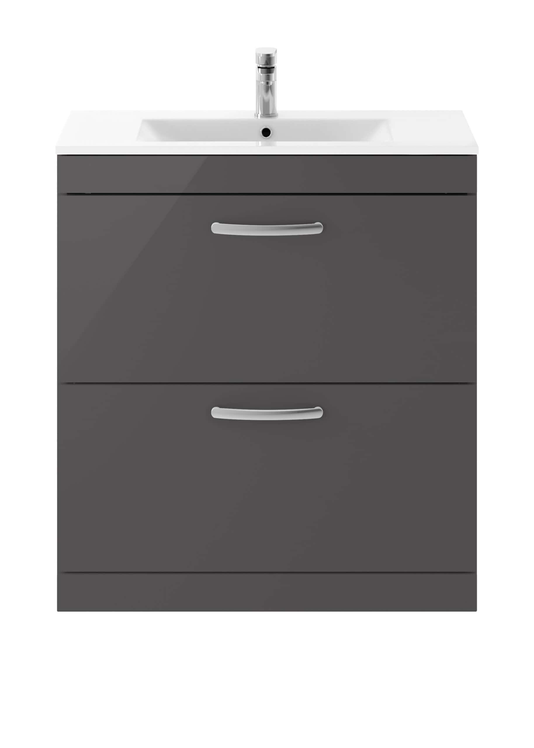 Dark grey bathroom vanity unit with integrated sink and chrome handles, ideal for modern bathroom storage solutions. Durable and stylish design, perfect for enhancing bathroom sophistication and functionality.