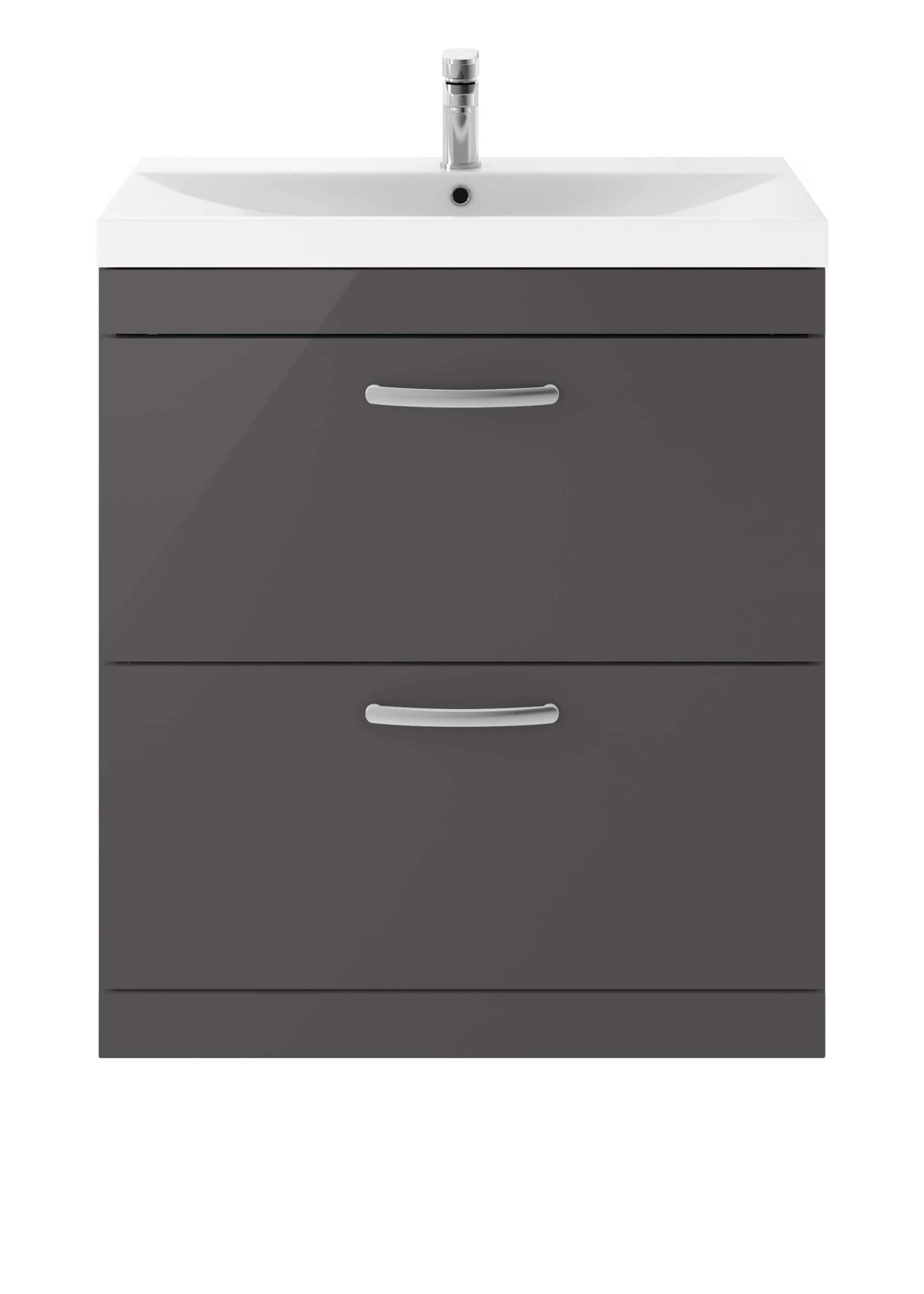 Modern grey bathroom vanity with integrated sink and chrome handles, ideal for contemporary bathroom designs focusing on functionality and style.