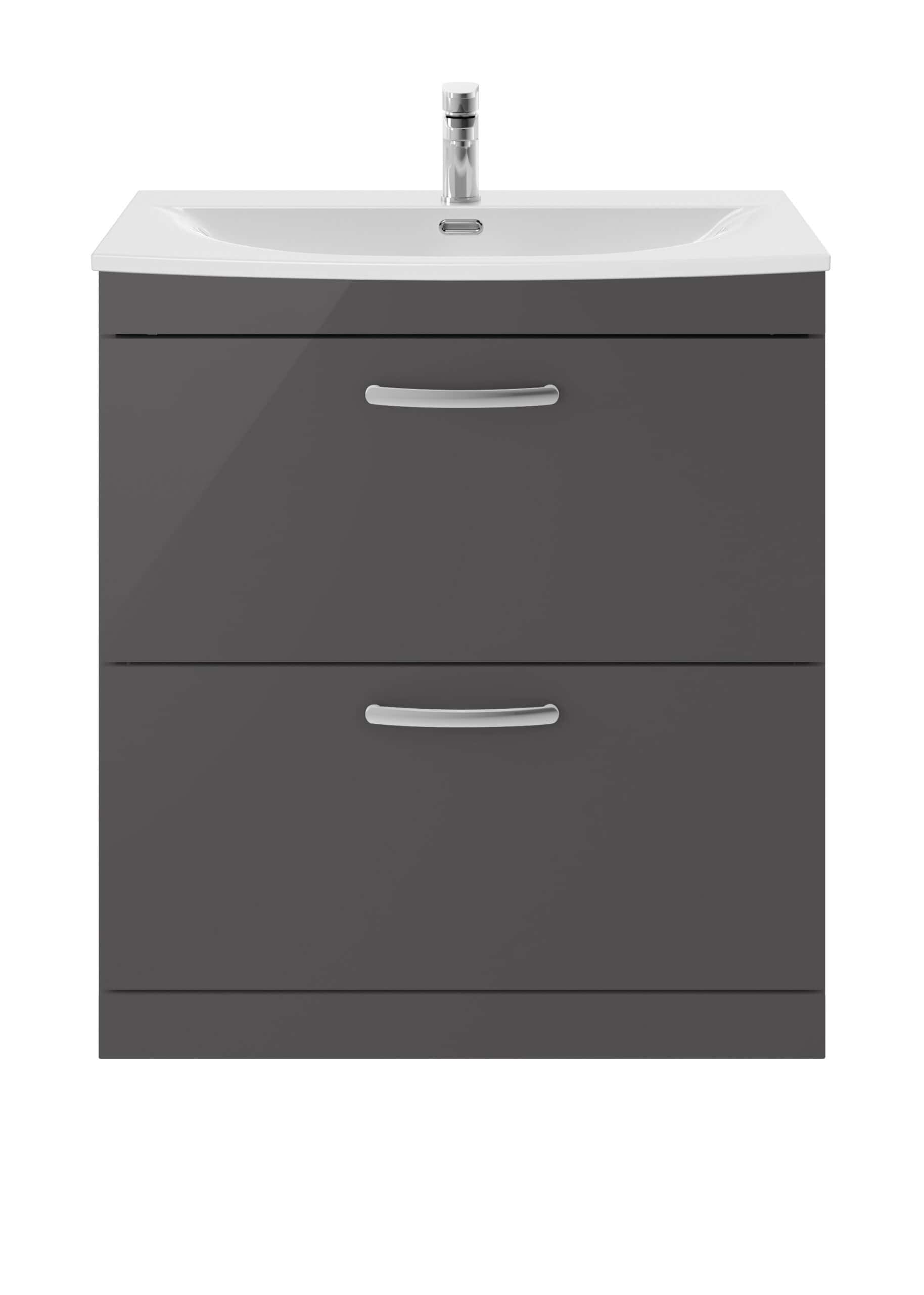 Modern grey bathroom vanity unit with integrated sink and storage drawers for efficient bathroom organisation and contemporary design.