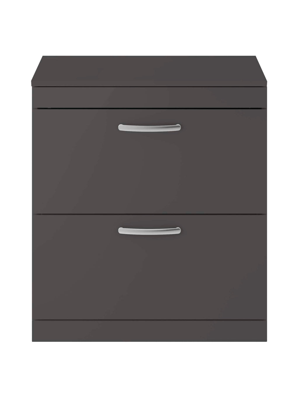Dark grey bathroom cabinet with three drawers and sleek silver handles, suitable for modern bathroom storage solutions.