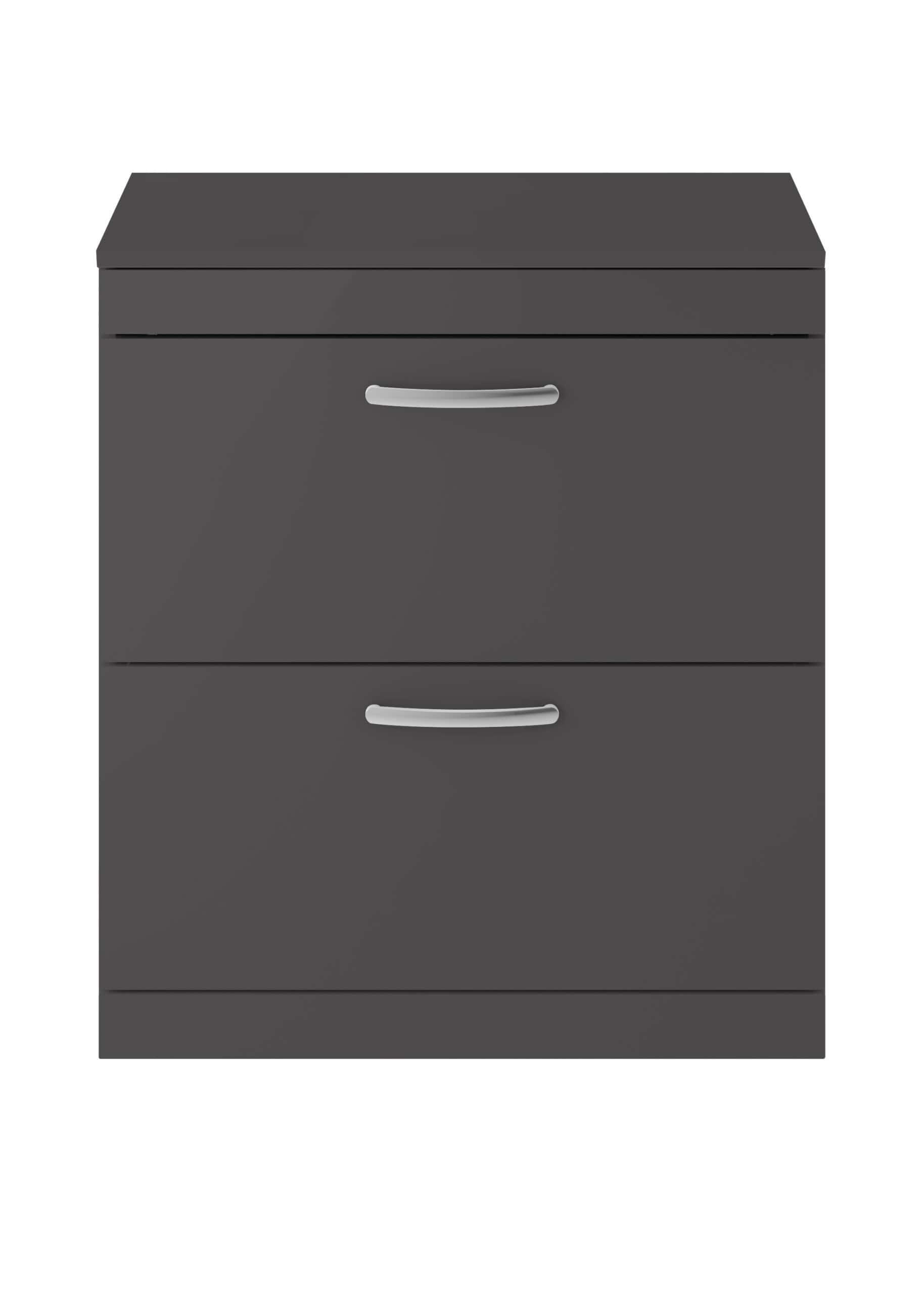 Dark grey bathroom cabinet with three drawers and sleek silver handles, suitable for modern bathroom storage solutions.