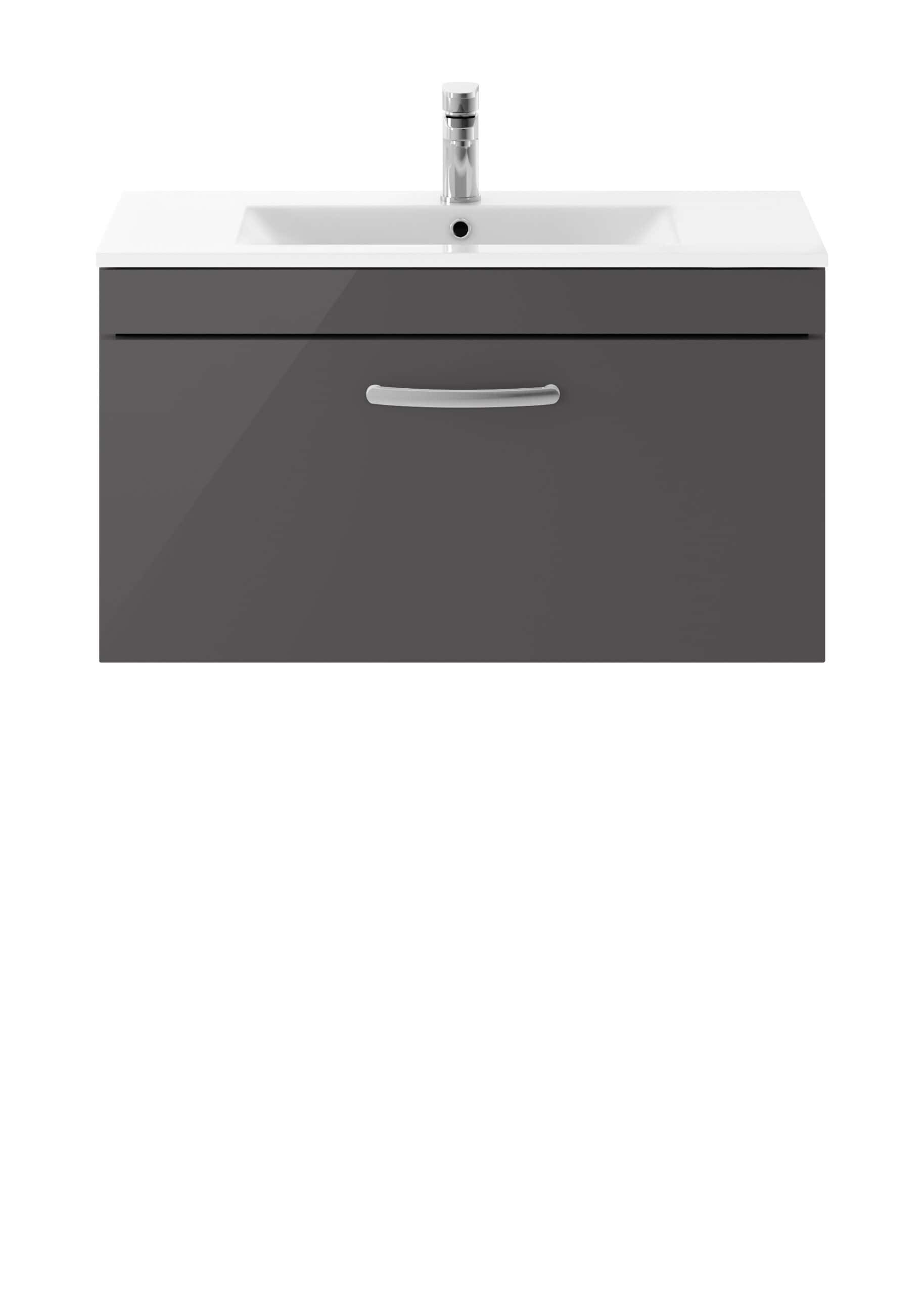 Modern bathroom vanity with integrated sink and storage, featuring sleek grey cabinet, contemporary chrome handle, and a high-quality chrome faucet for stylish and functional bathroom design.