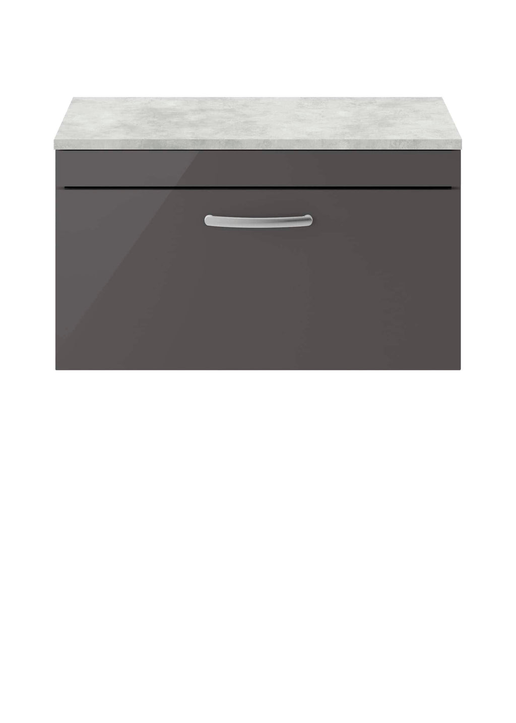 Grey bathroom vanity unit with a light grey marble top, modern design, and handle-inset drawer for bathroom storage solutions.